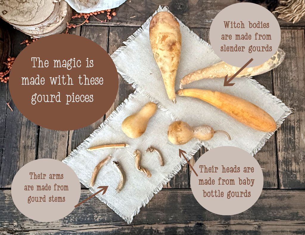 An assortment of gourd parts and pieces that are used to create a primitive witch figurine. 