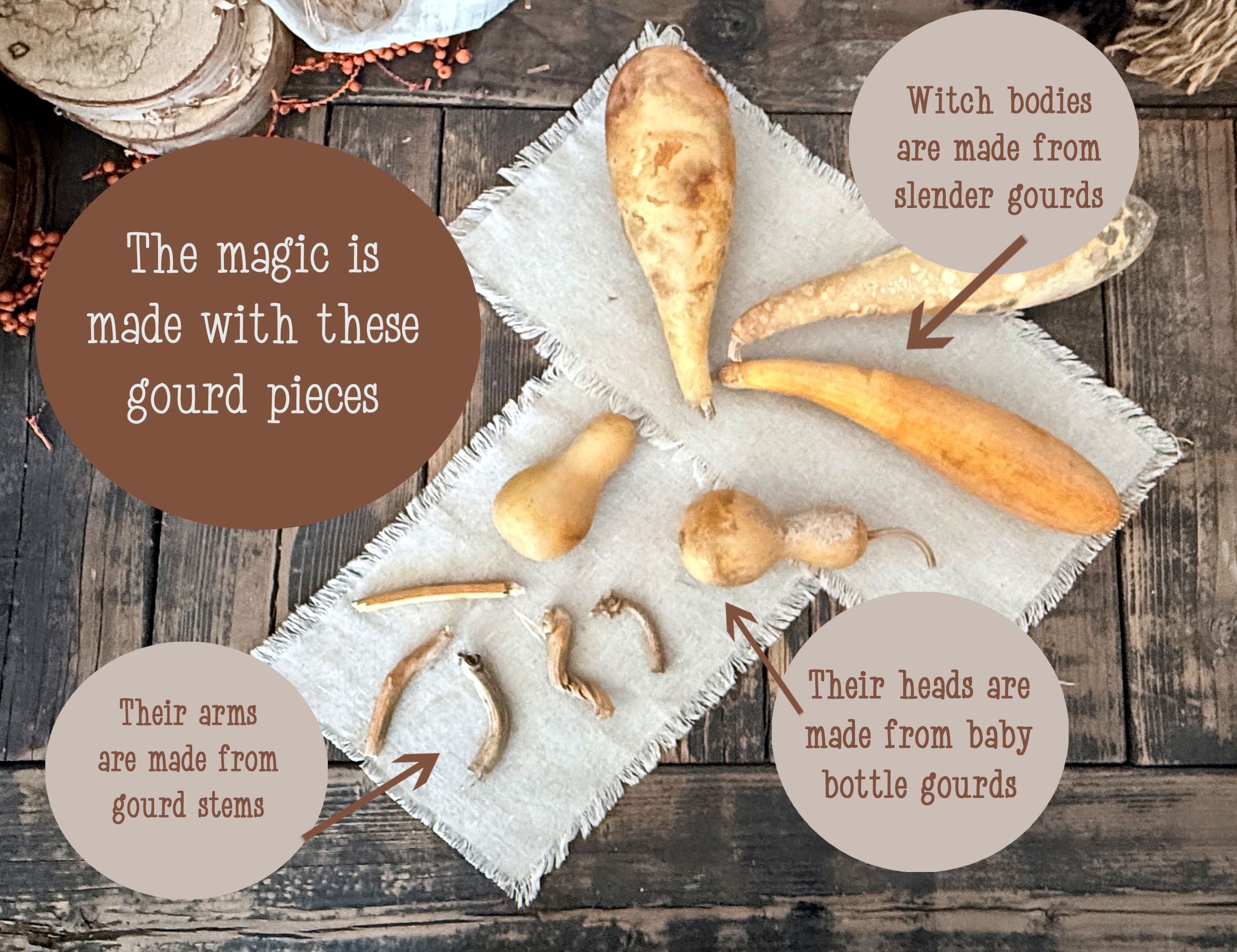 An assortment of gourd parts and pieces that are used to create a primitive witch figurine. 