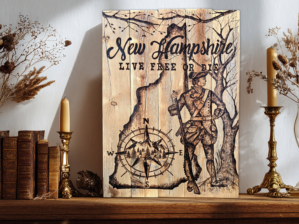 A rustic wooden sign featuring the text 'New Hampshire' and 'LIVE FREE OR DIE' with an wood burned hand drawn colonial soldier and compass rose design, displayed on a wooden shelf between books, dried flowers, and candlesticks.