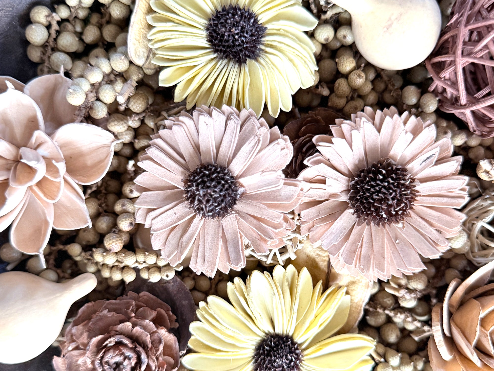 Close-up of decorative flowers and dried botanical berries in pastel colors