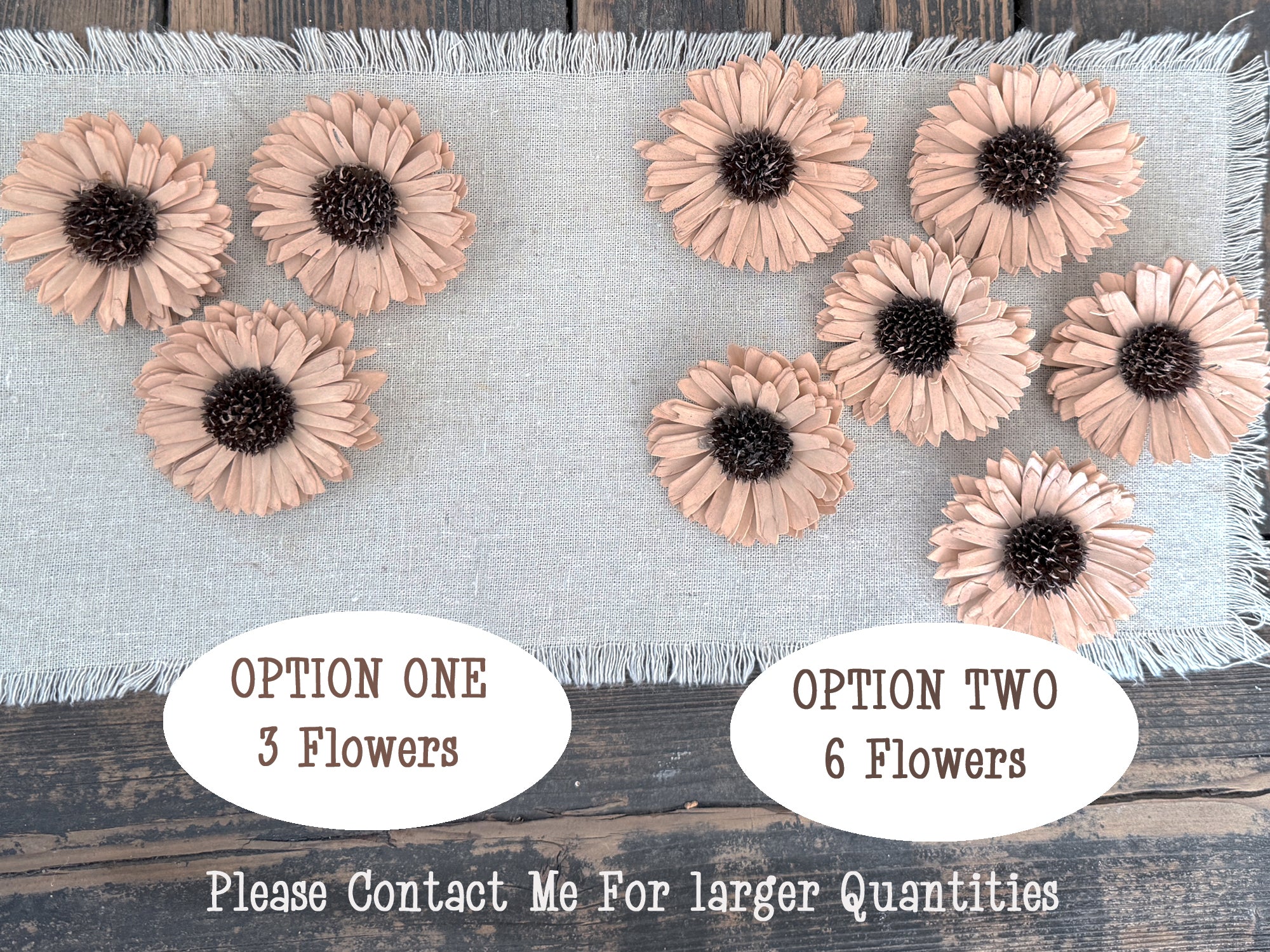Floral arrangements on a textured fabric background with quantity options.