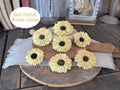 Hand painted wooden daisies on a rustic wooden surface with a white label.