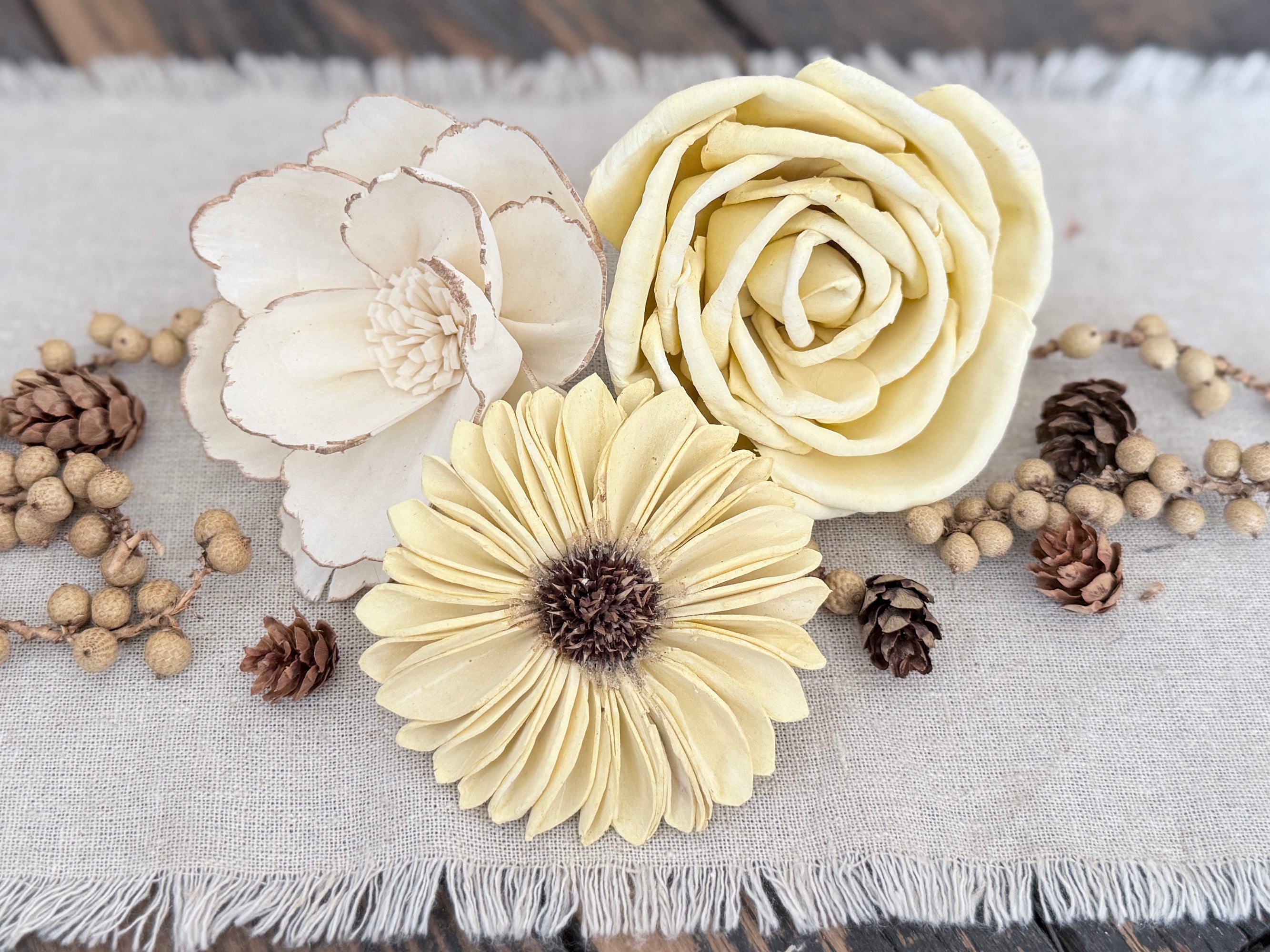Natural Wood Flower Blossoms -Yellow Roses – Neutral Bowl Filler Decor