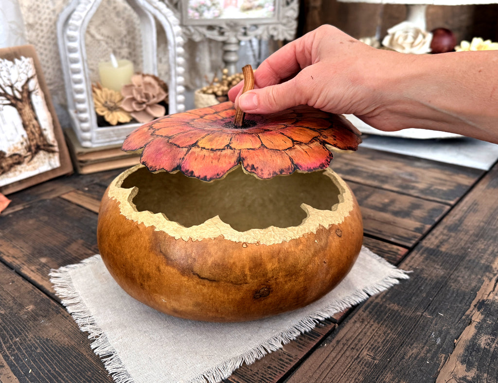 Handmade Zinnia Gourd Bowl with Lid | Unique Rustic Gift & Home Décor