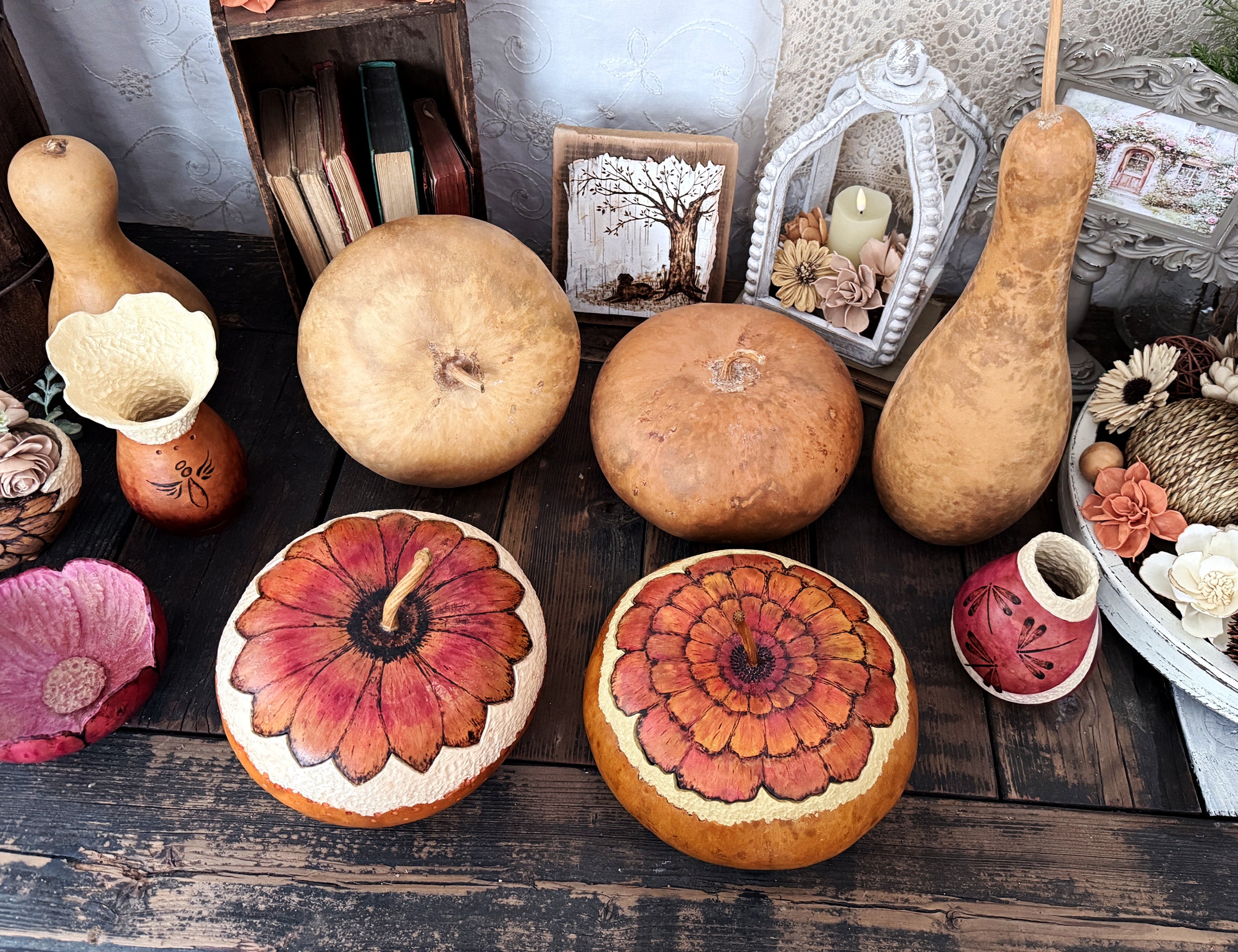 One-of-a-kind artisan zinnia gourd bowls, unique natural variations in shape and texture