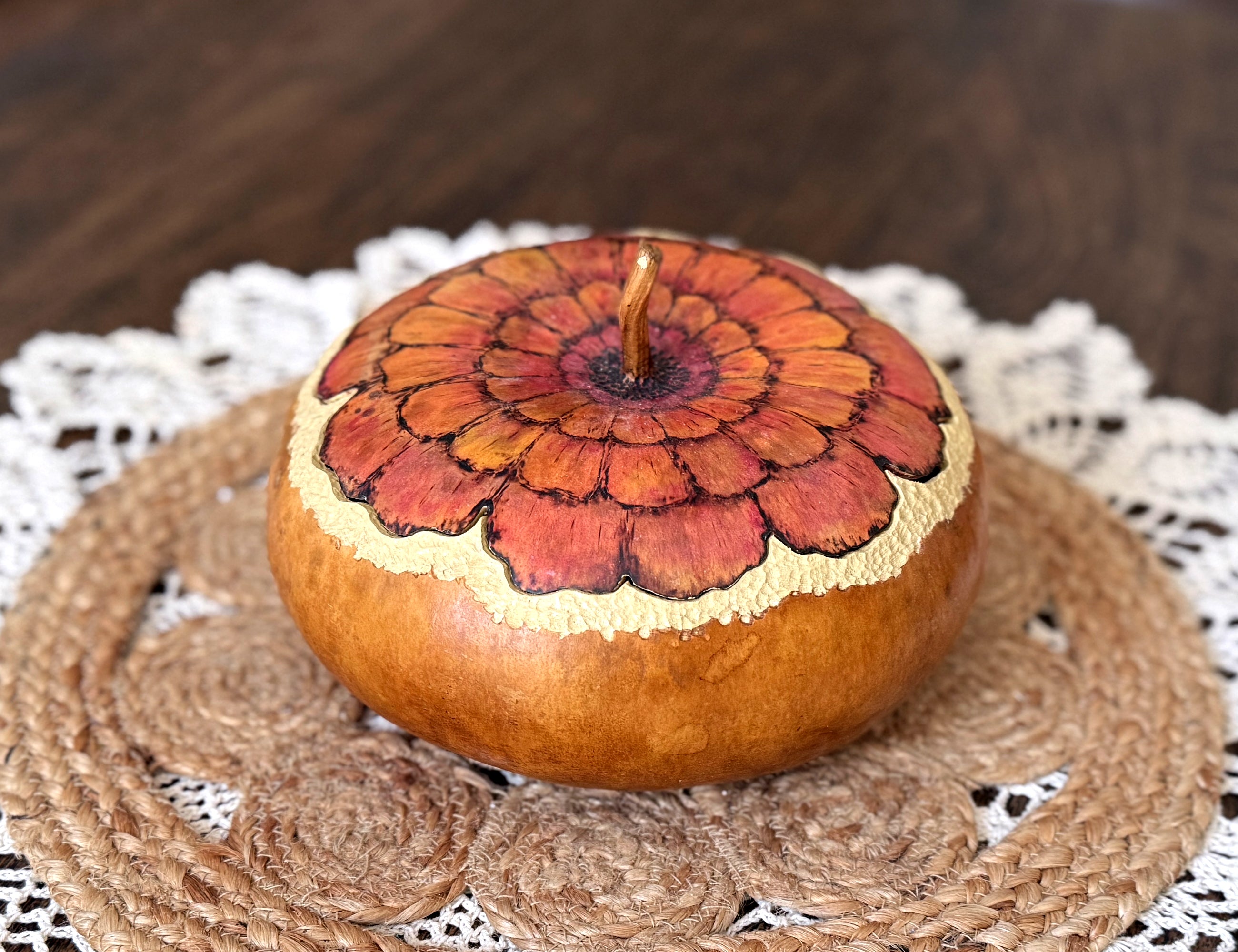 Handmade zinnia decorative gourd bowl with fitted lid, front view