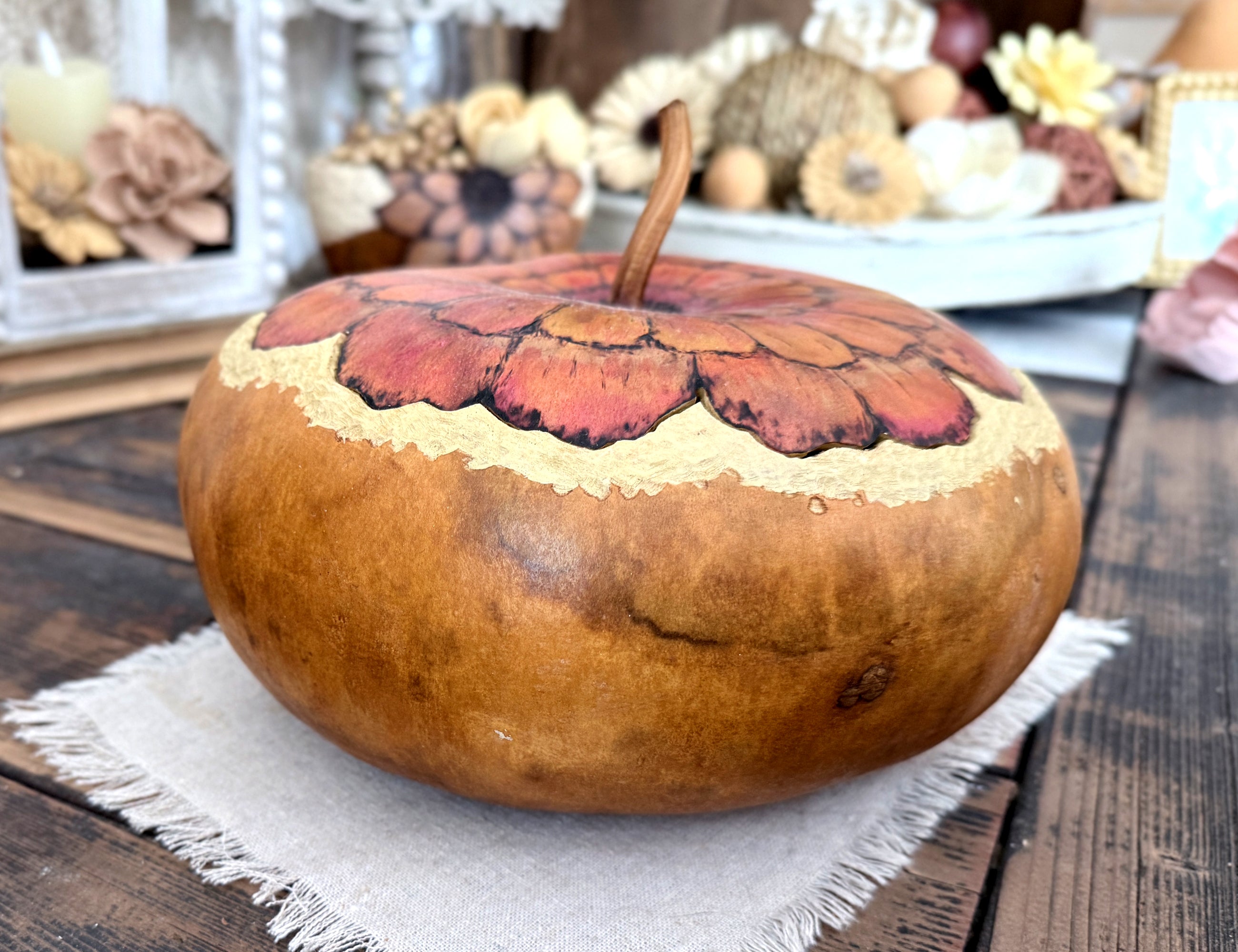 decorative lidded gourd bowl with painted flower