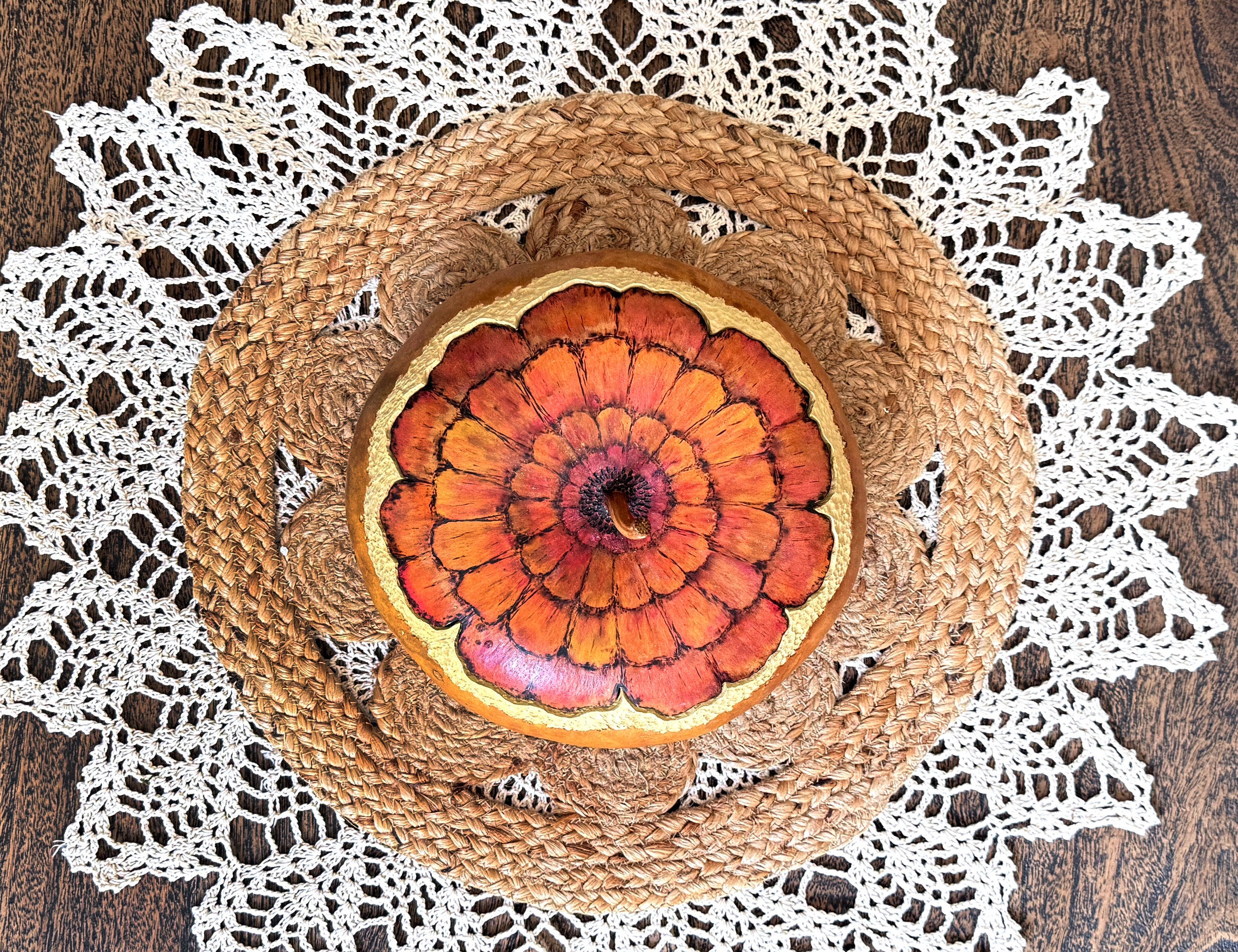decorative lidded gourd bowl with painted flower