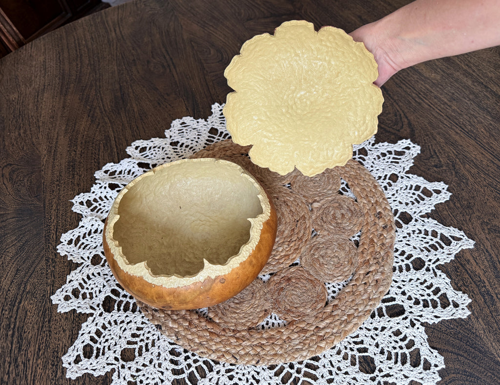 hand carved gourd bowl with zinnia flower lid