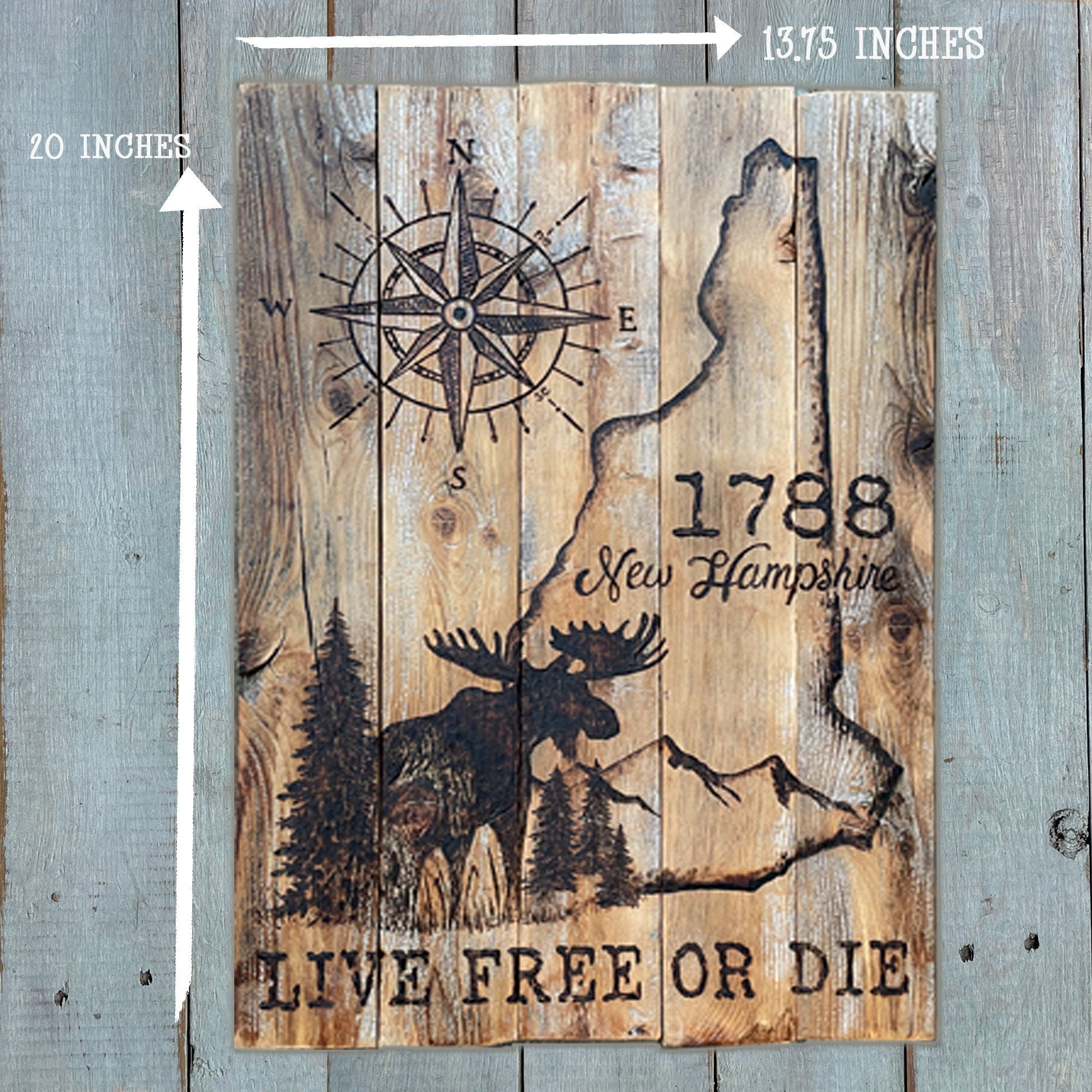 New Hampshire Wall Art – Handmade Rustic Wood State Map with Moose