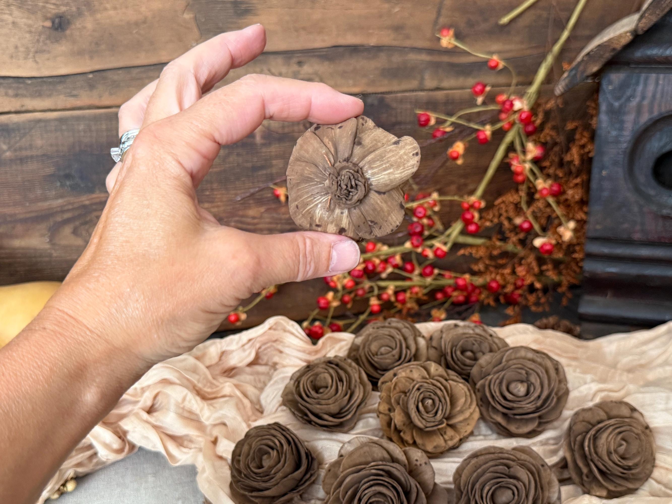 Chocolate Brown Ranunculus – Natural Wood Flower Bowl Filler & Centerpiece