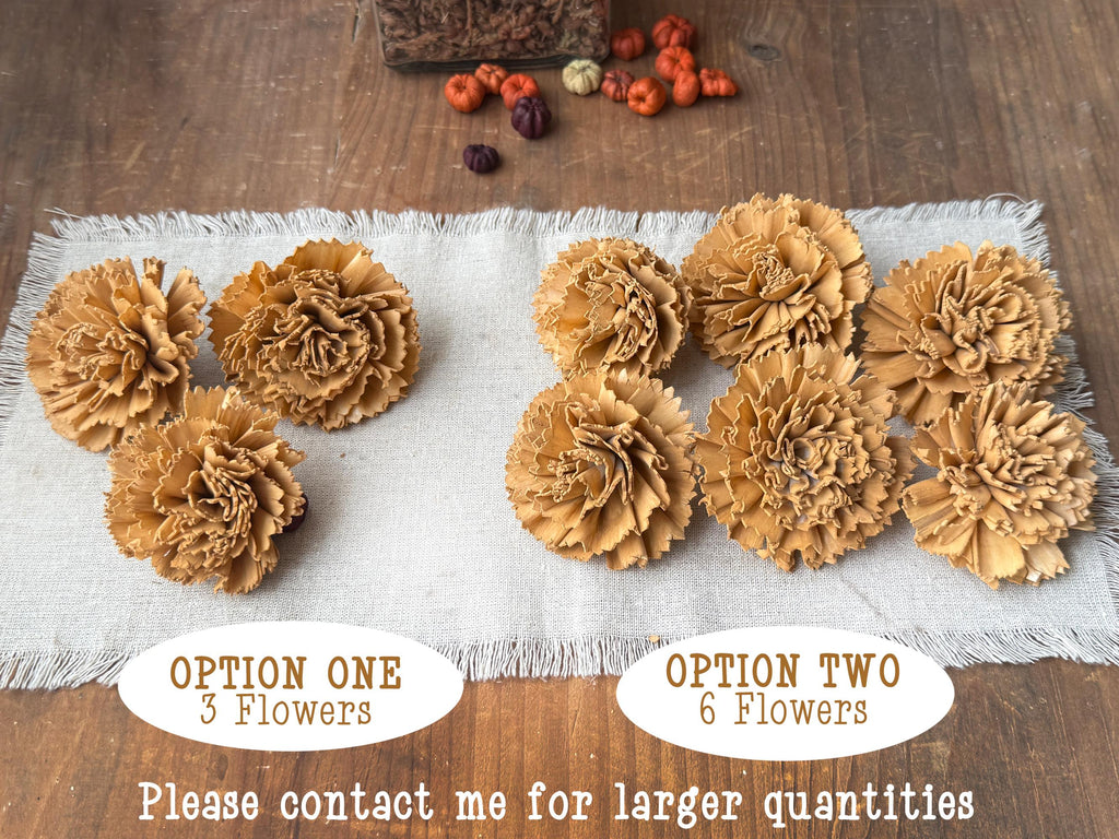 Beige  wood floral arrangements on a textured white cloth with options for quantity.