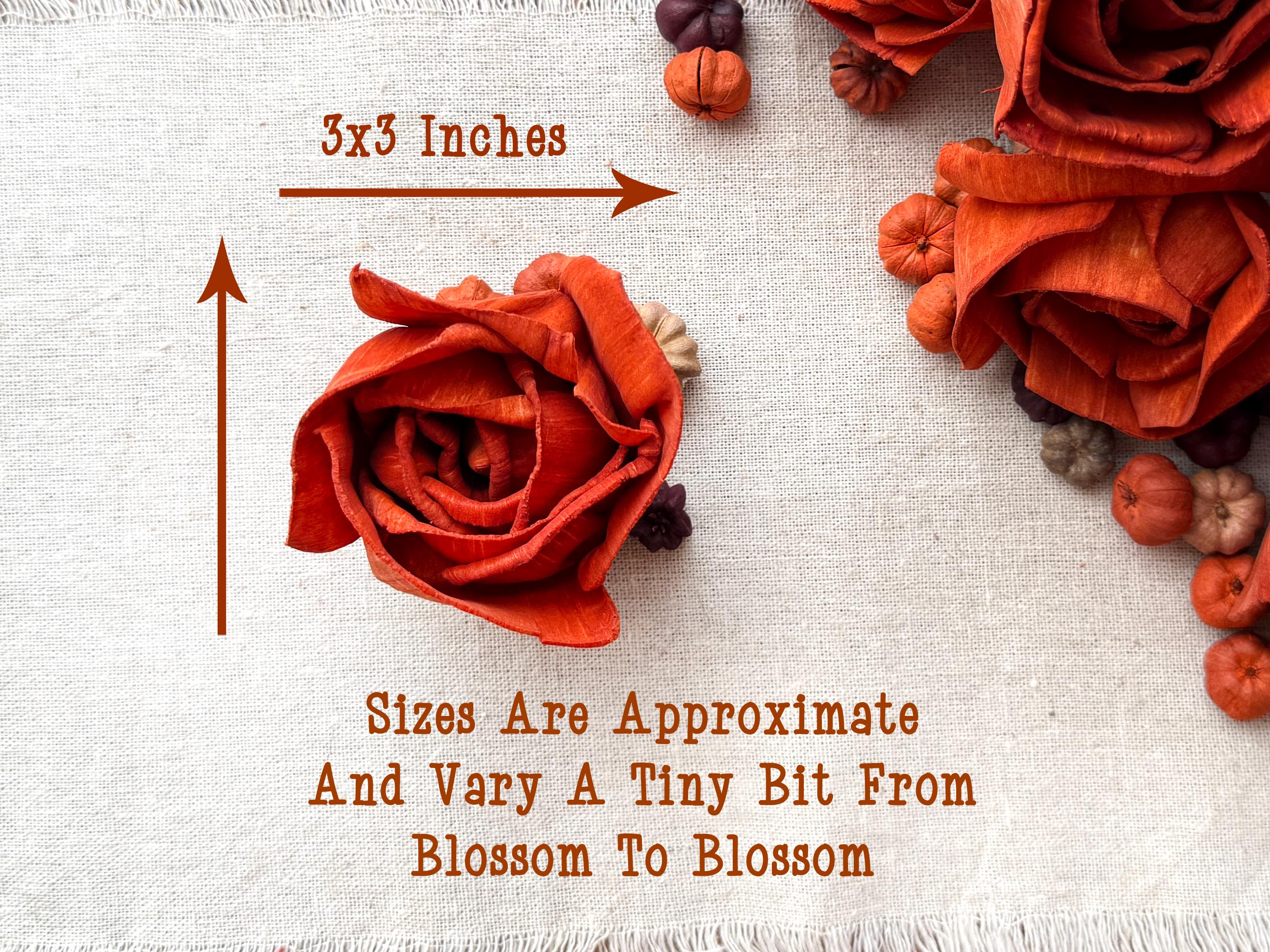 orange wood flowers on a textured white background with size indication of 3 by 3 inches