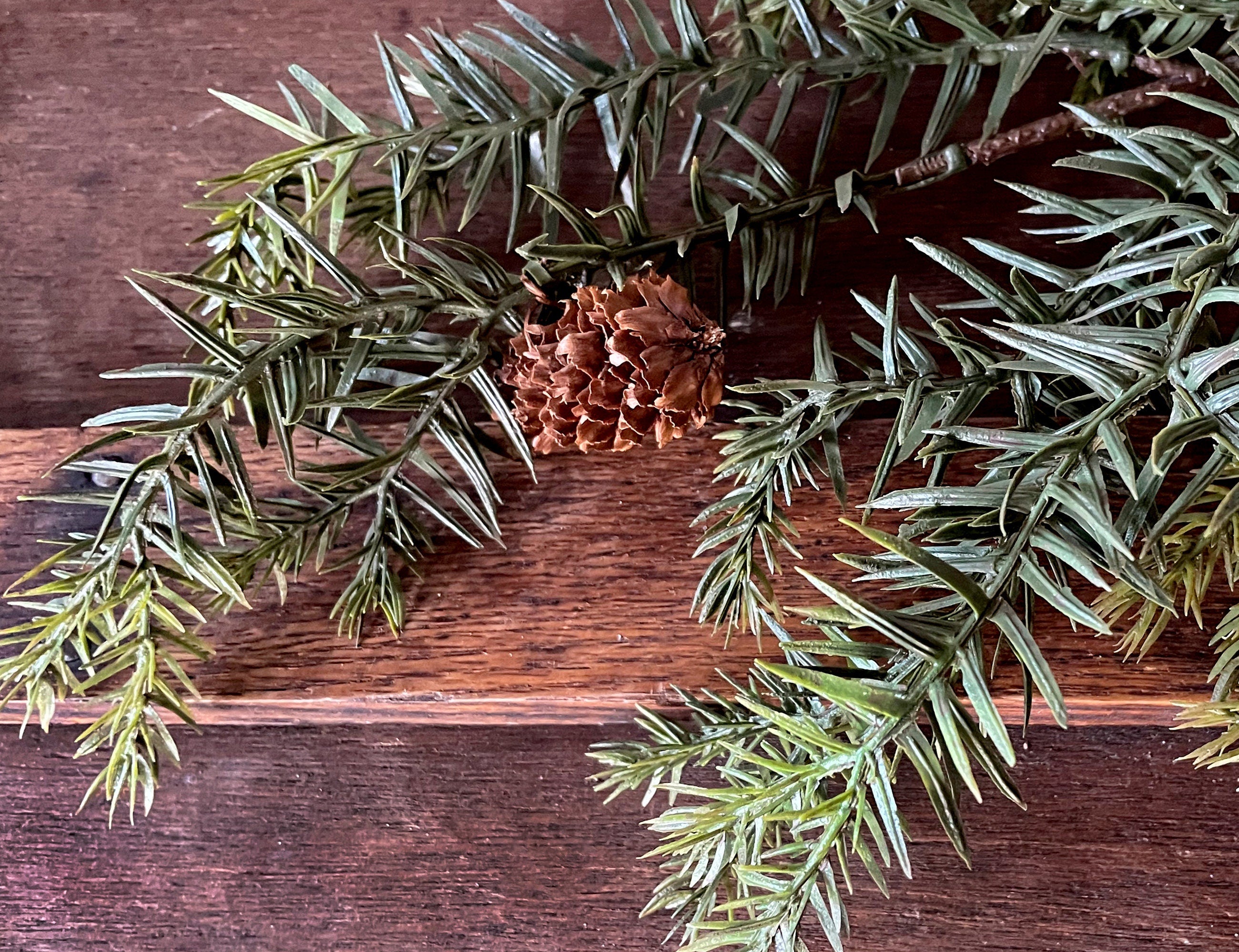 Green pine branches with a pine cone on a wooden surface