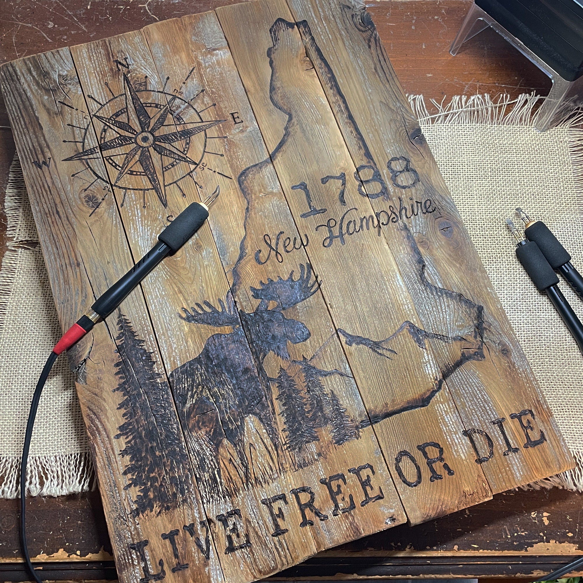 New Hampshire Wall Art – Handmade Rustic Wood State Map with Moose