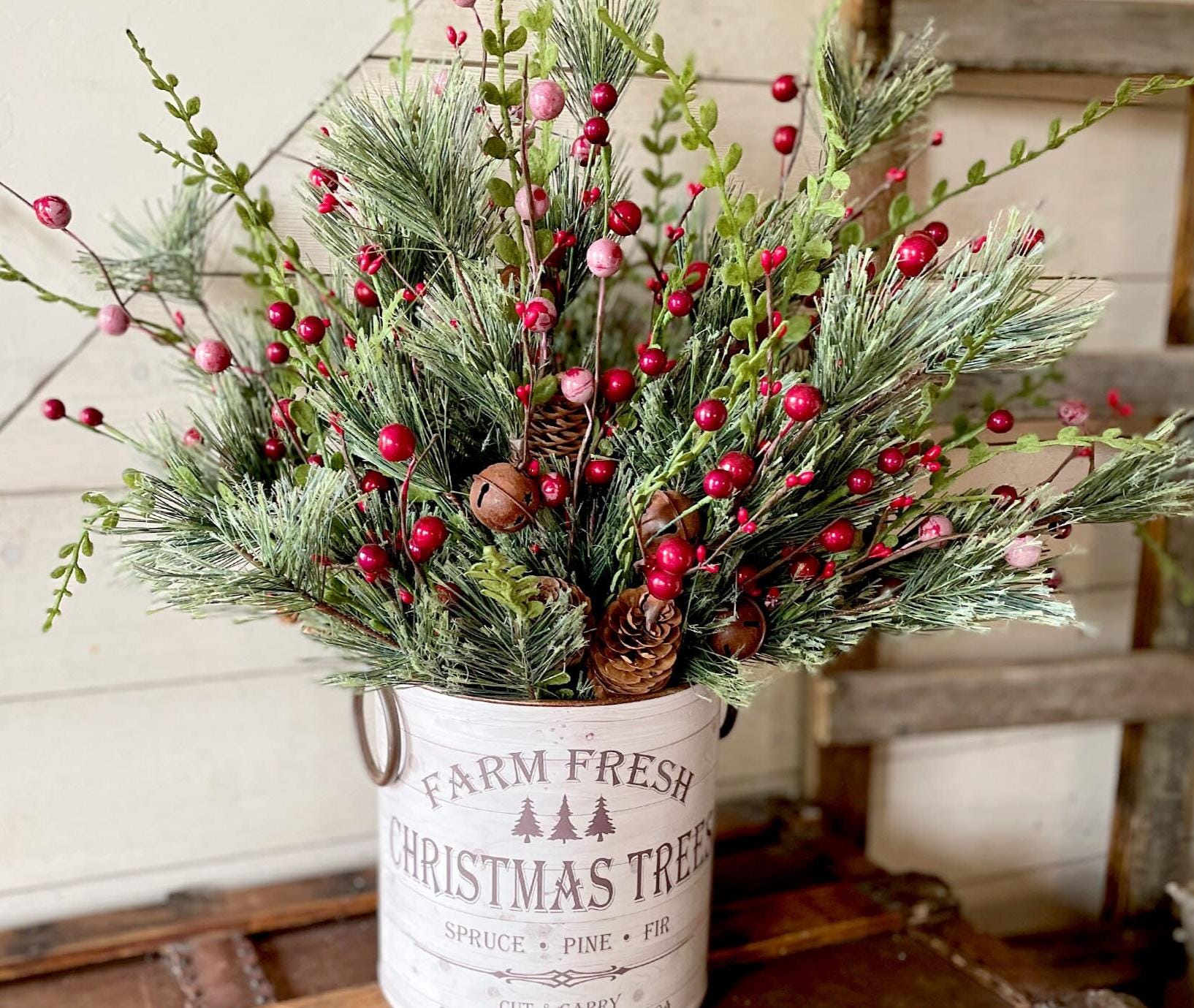 Pine, Berry & Jingle Bell Christmas Spray – Rustic Holiday Greenery