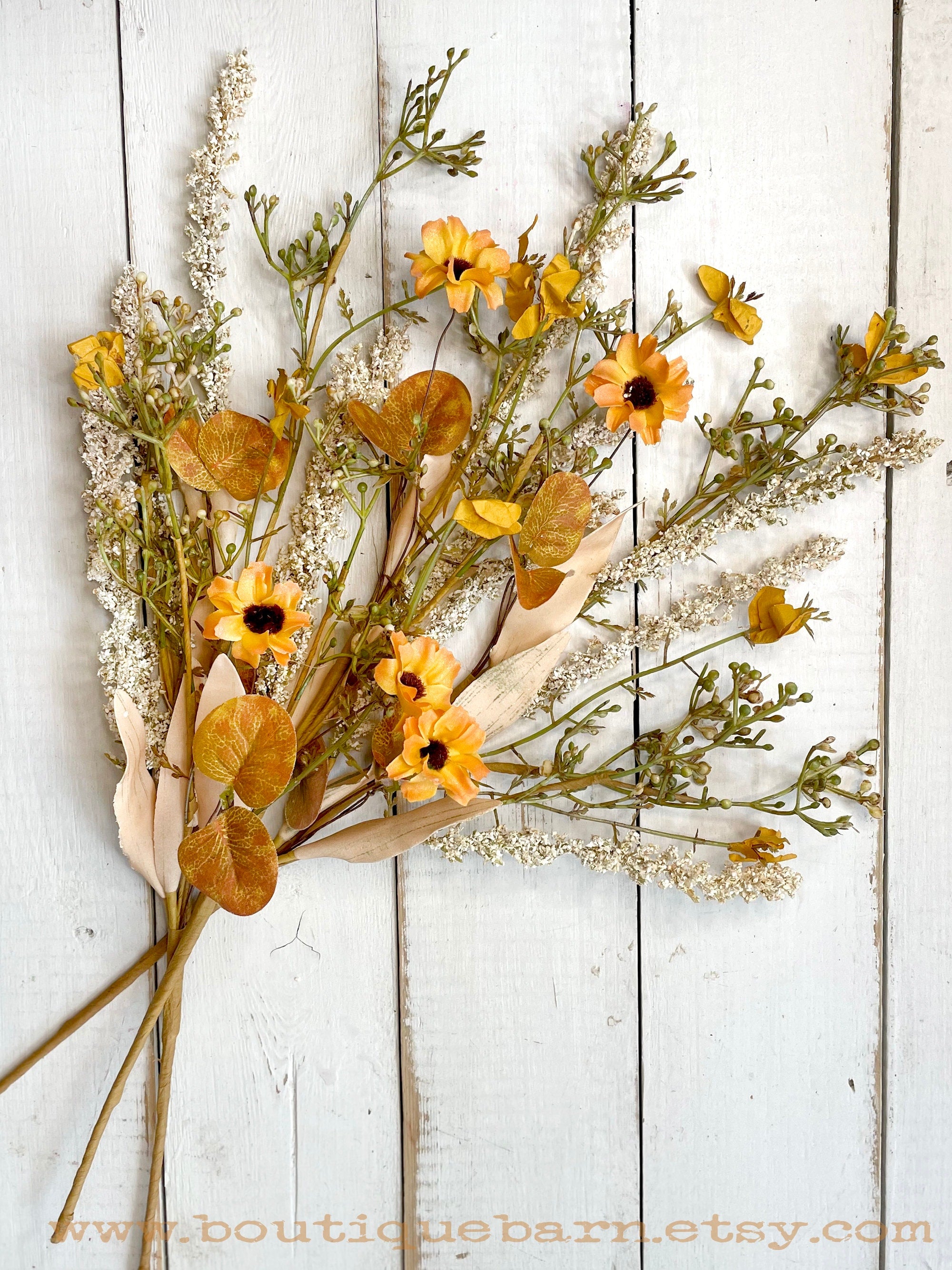 Faux Flowers, Wildflower Spray With Gold Daisies and Heather, Artificial Flowers For Your Rustic Centerpiece, Fall Foliage Arrangement