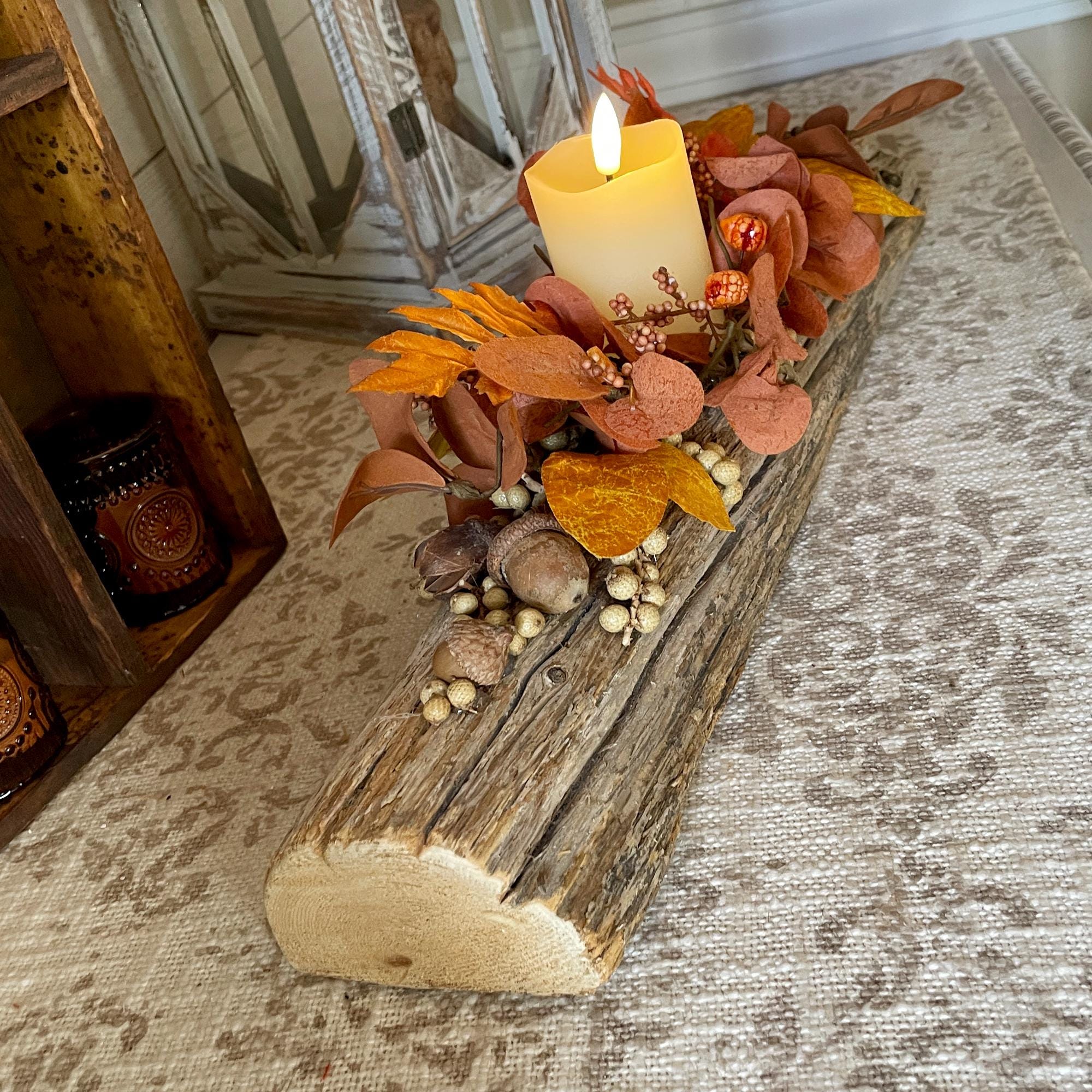 Rustic Fall Harvest Yule Log – Thanksgiving Candle Centerpiece