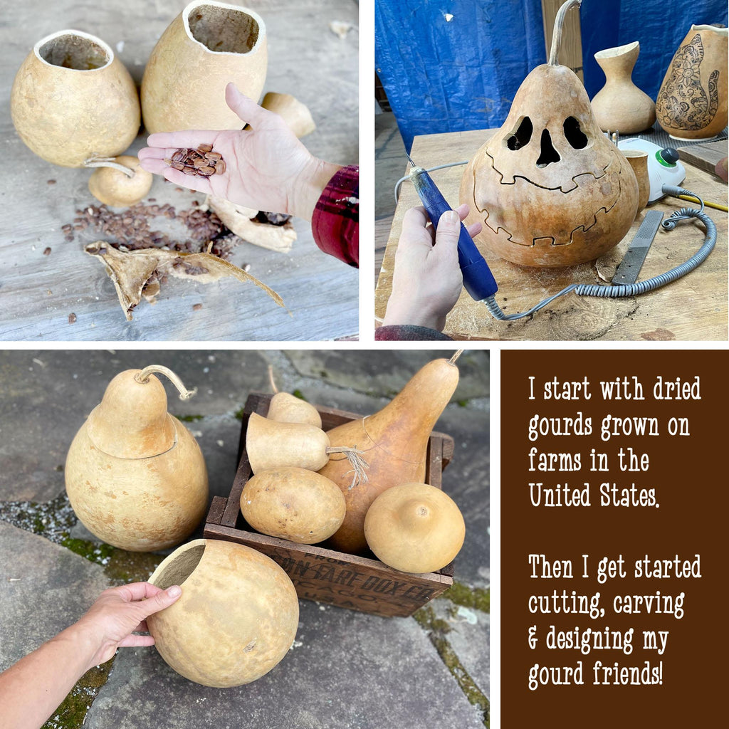 Collage of gourd carving process with text about using dried gourds from the United States.