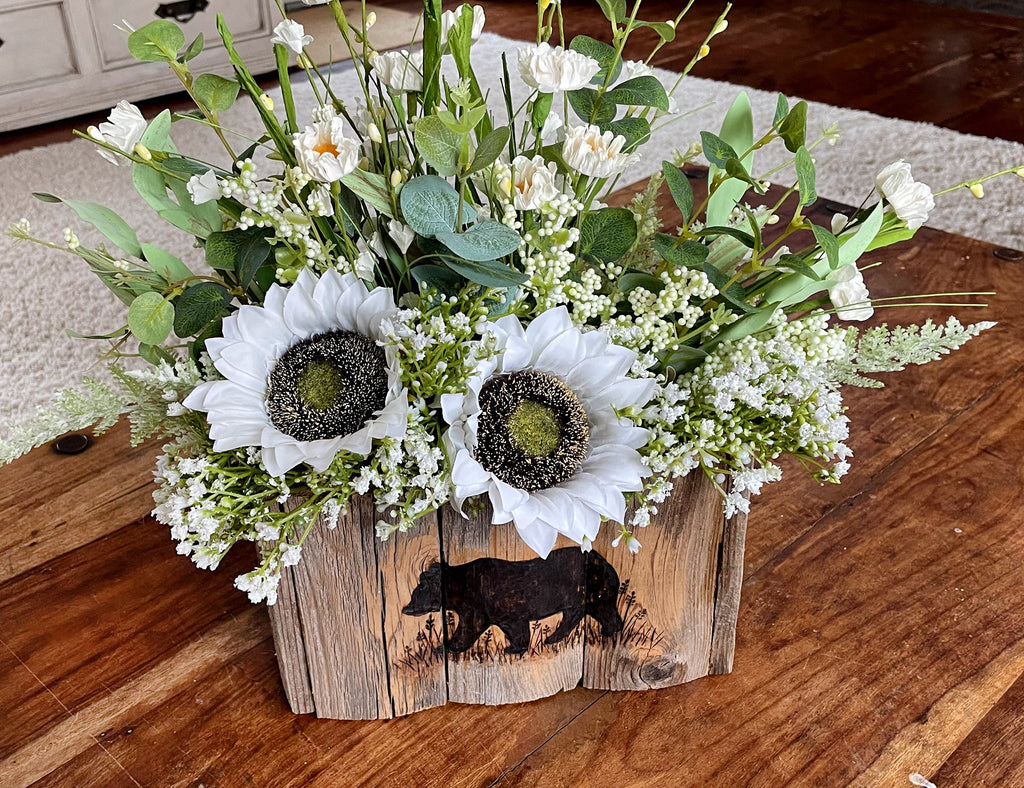 Handmade Bear Wooden Box – Rustic Vase for Faux Flowers & Centerpieces
