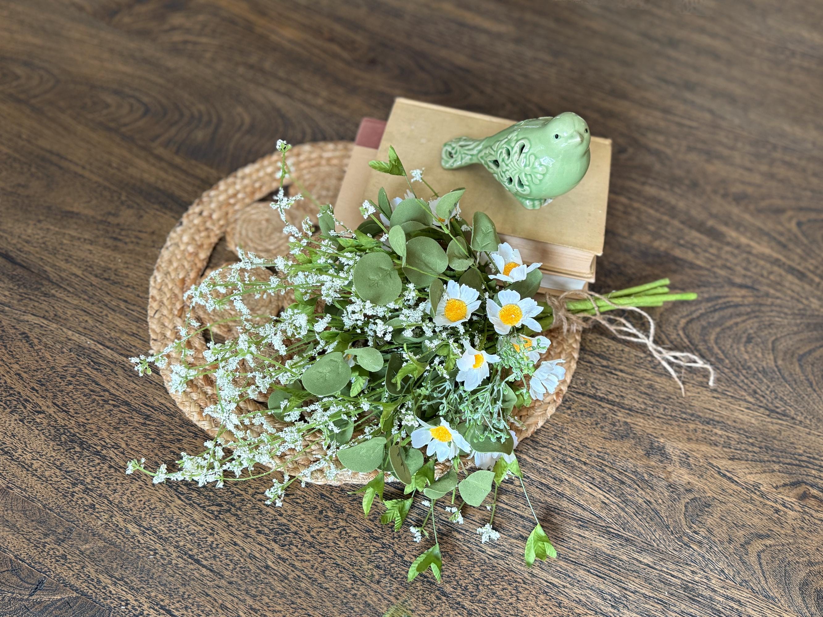 Faux Flowers For Vase Or Jar, Wildflower Bouquet, Flower Arrangement Gift For Mom, Rustic Table Dasiy Centerpiece, Farmhouse Flowers