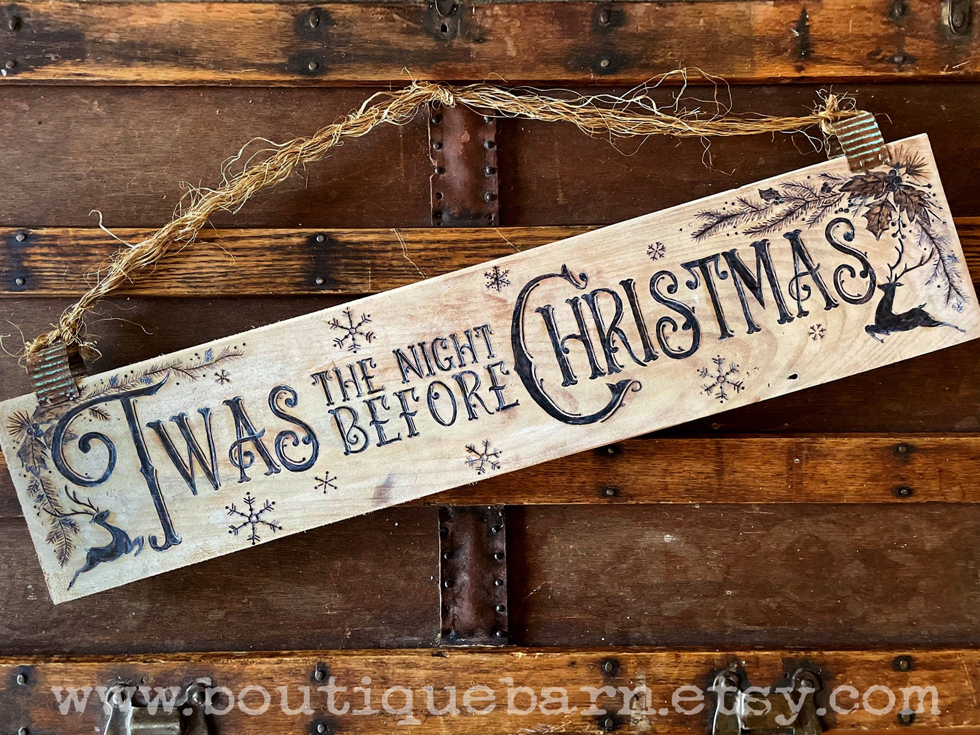 Rustic Christmas Sign – Twas The Night Before Christmas Reindeer Wall Decor