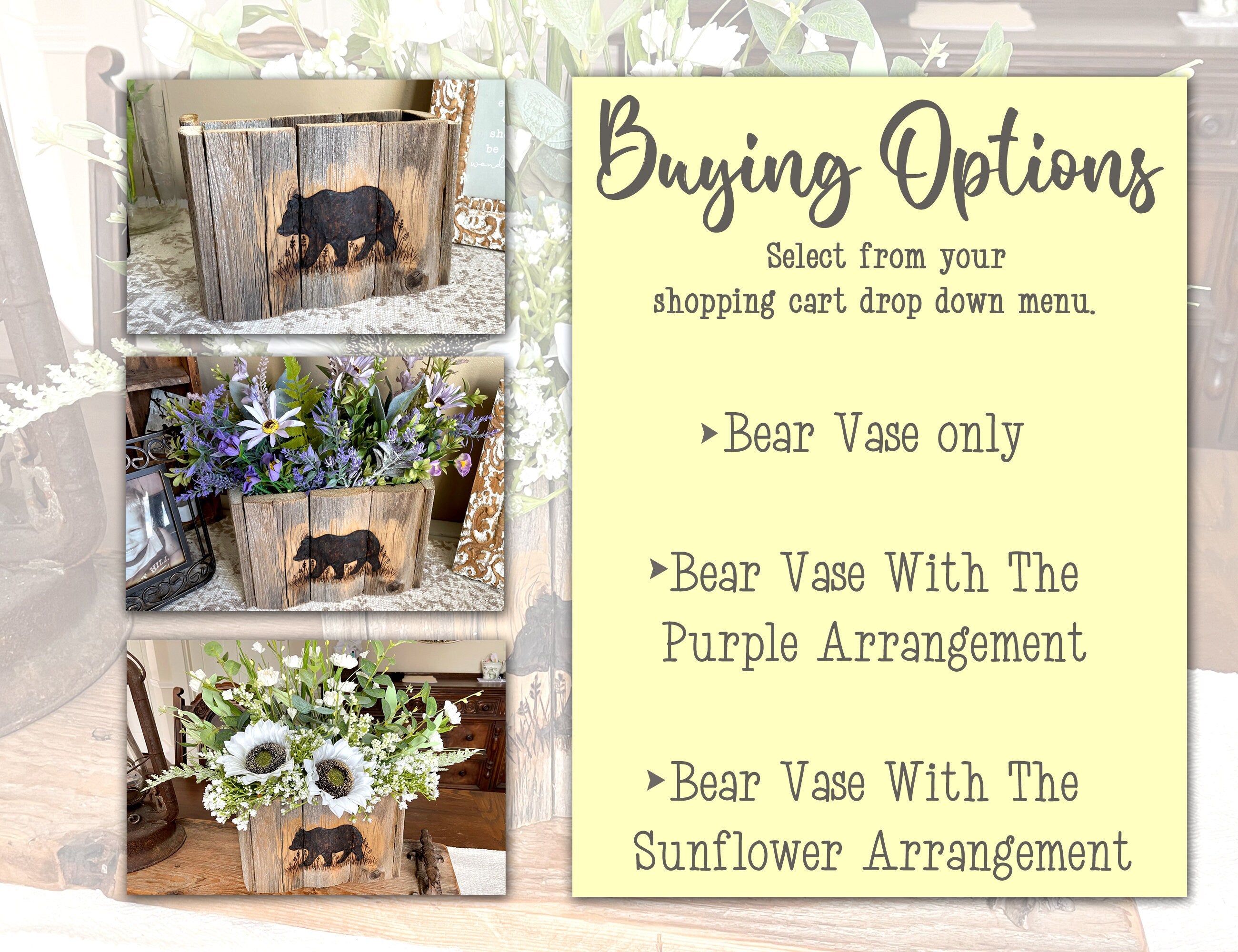 Handmade Bear Wooden Box – Rustic Vase for Faux Flowers & Centerpieces