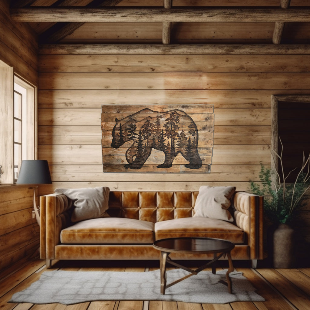 Wooden living room with a bear wall art piece and brown sofa.