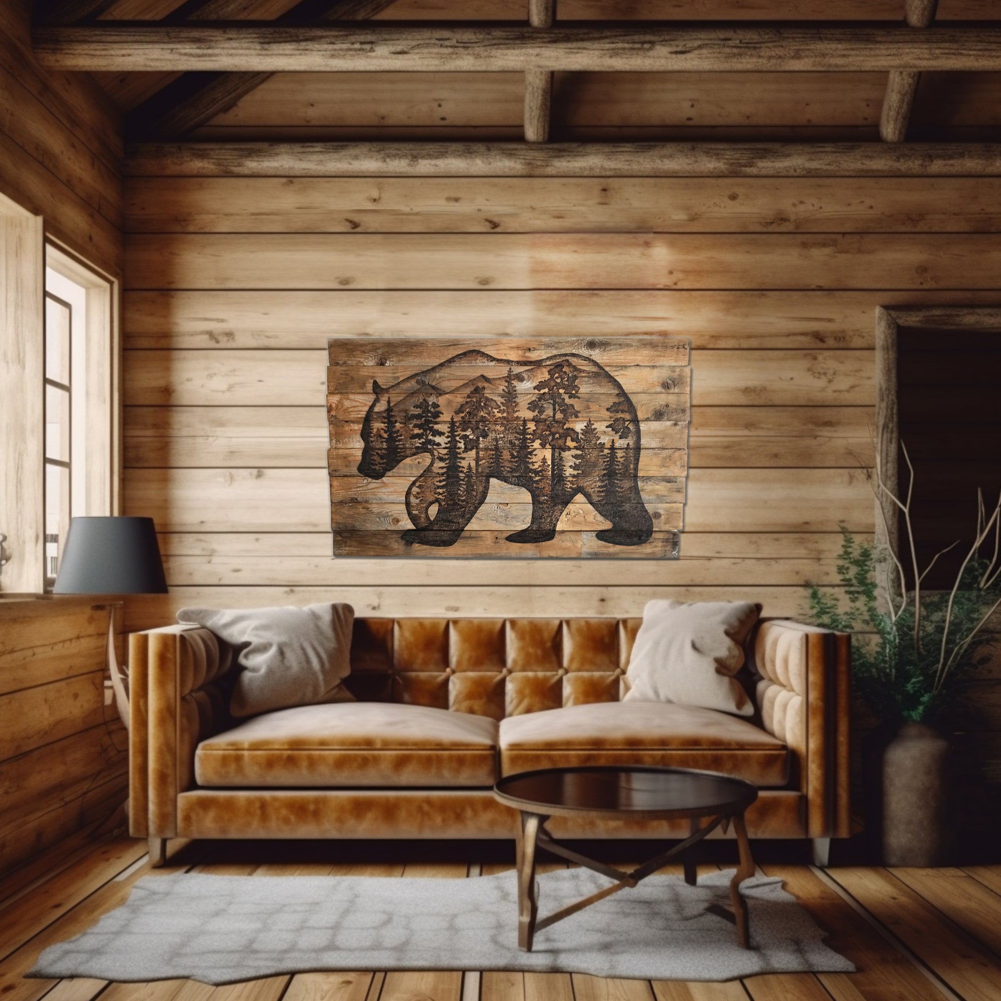Wooden living room with a bear wall art piece and brown sofa.