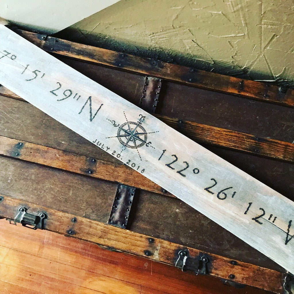 Metal strip with coordinates and a compass design on a wooden surface