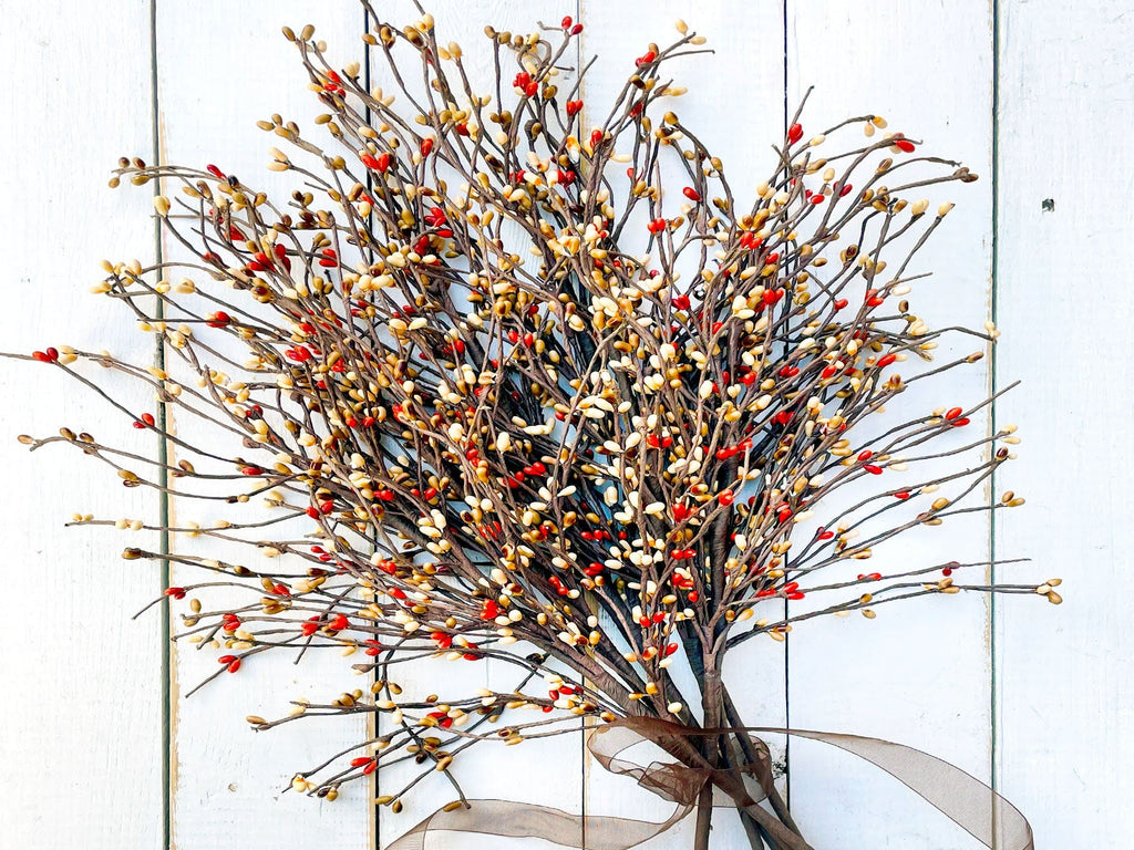 Decorative  branches and with small berries in orange, beige, and brown on a white background