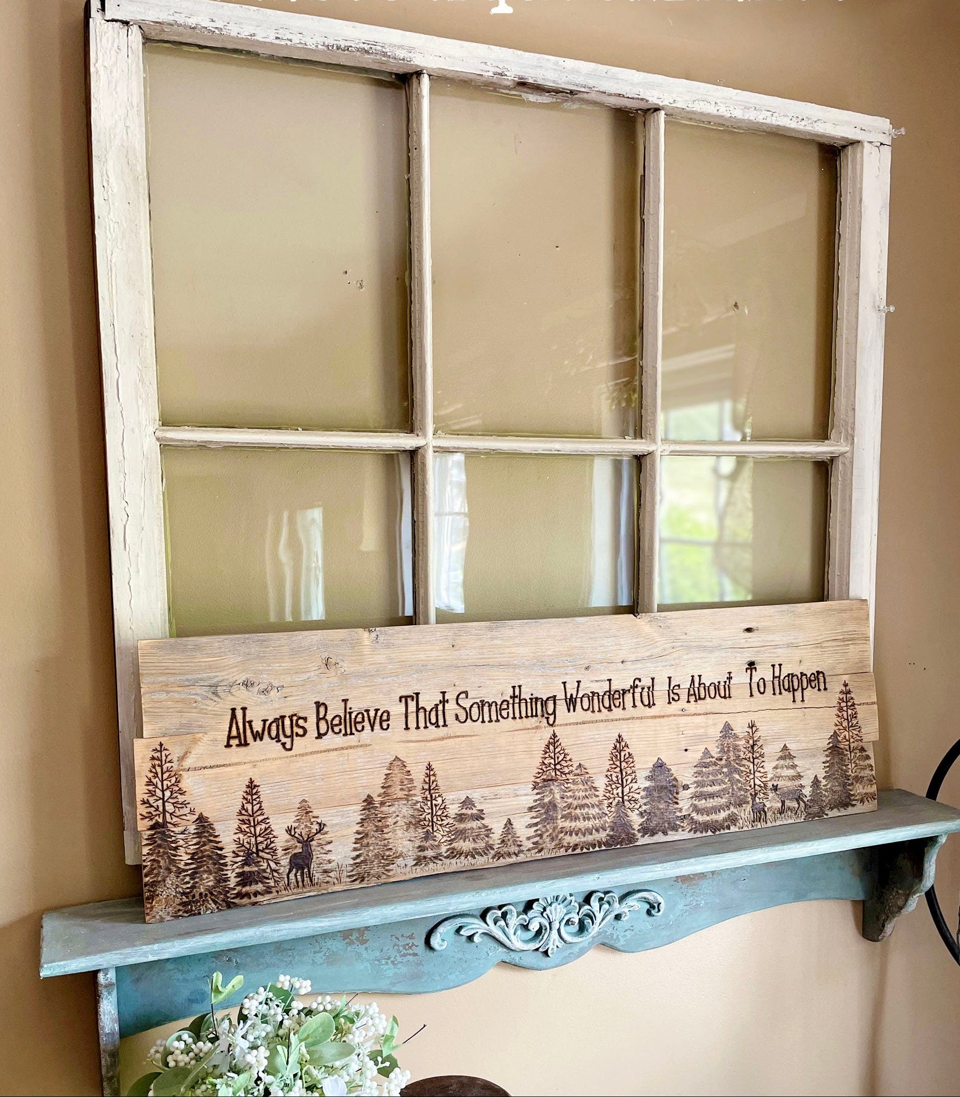 Decorative shelf made from an old window with a motivational quote and nature design, featuring the website www.boutiquebarn.