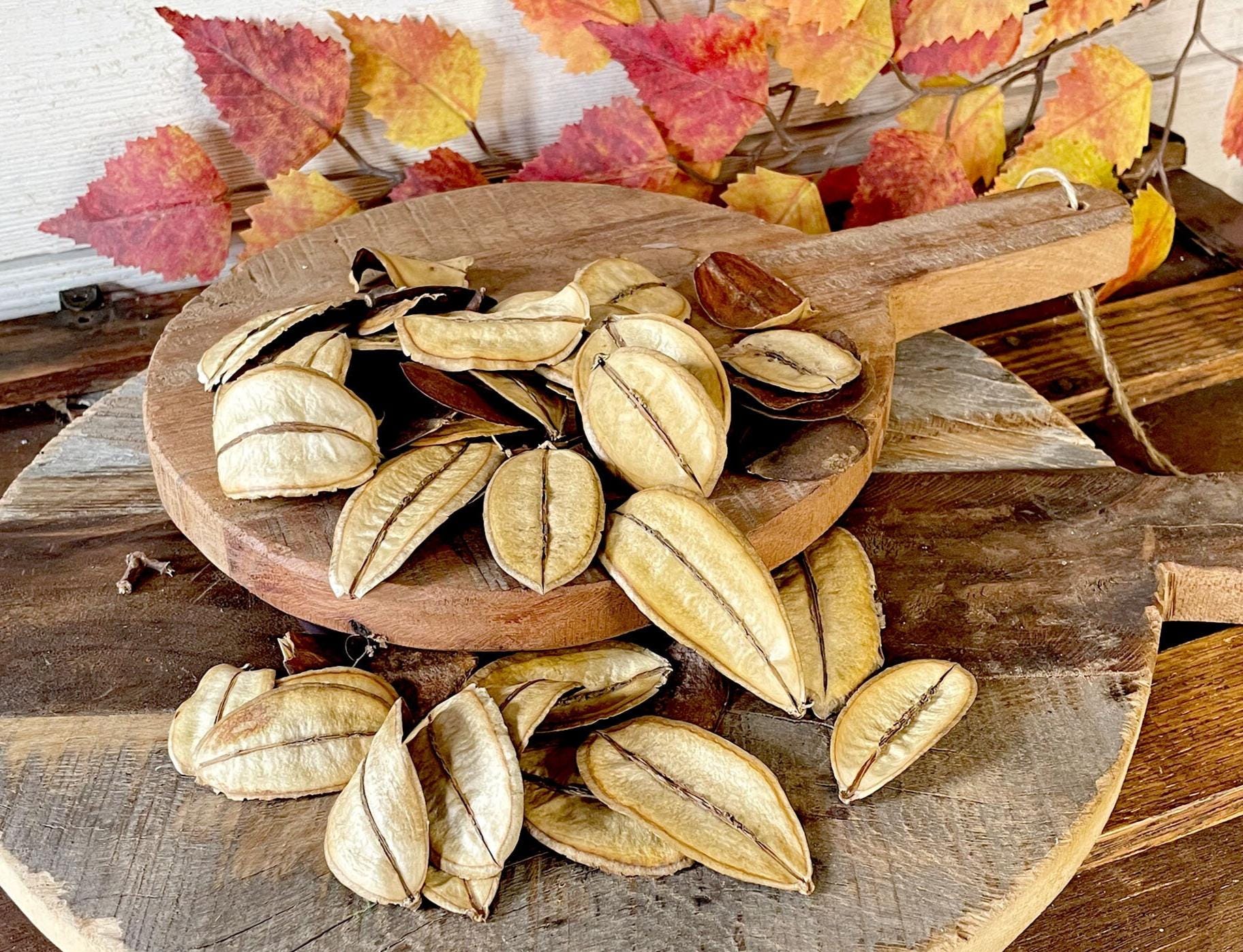 Wooden bread board stacked with dried leaves on a wooden surface with autumn leaves. 