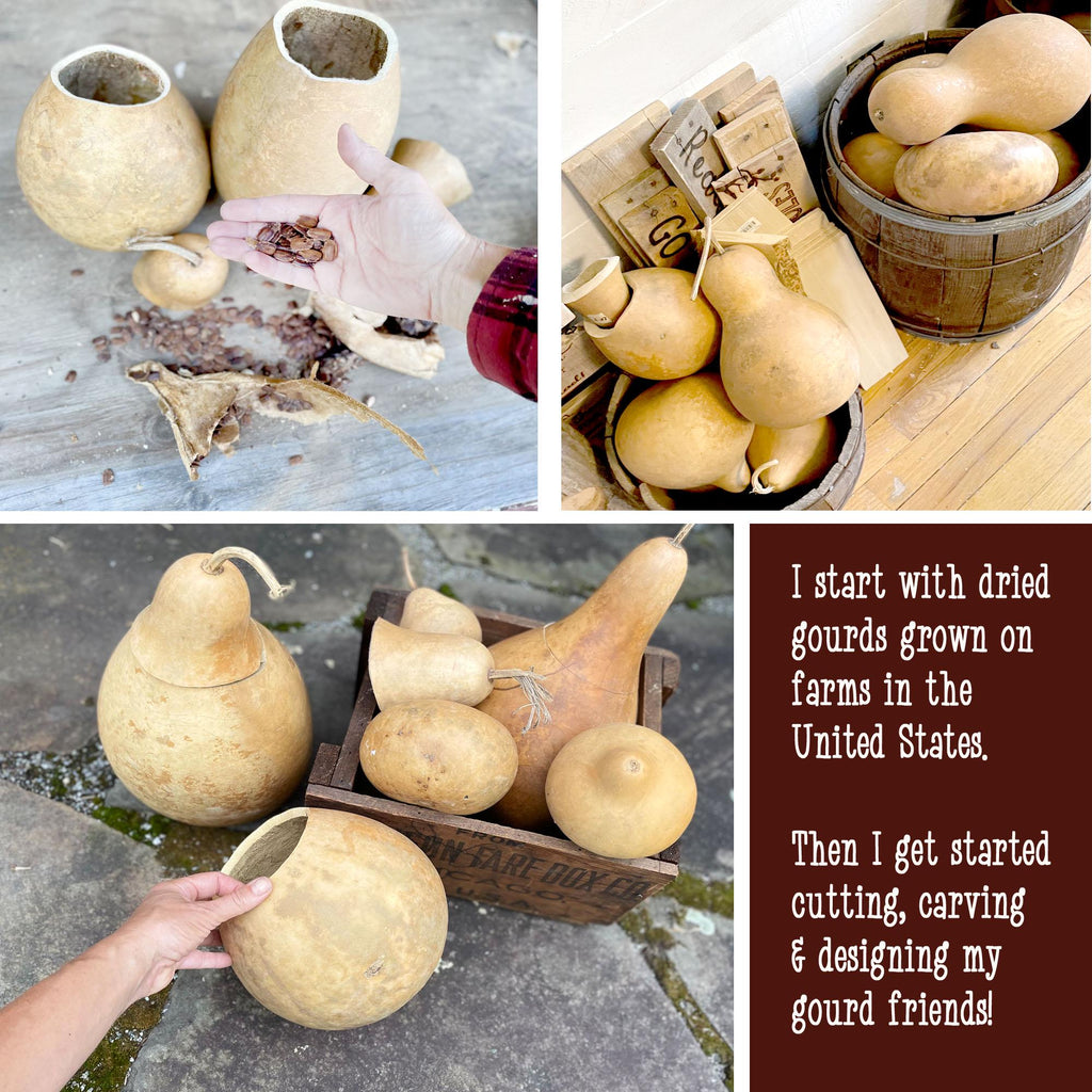 Collage of gourds in various stages of preparation with text about gourd sourcing and design.