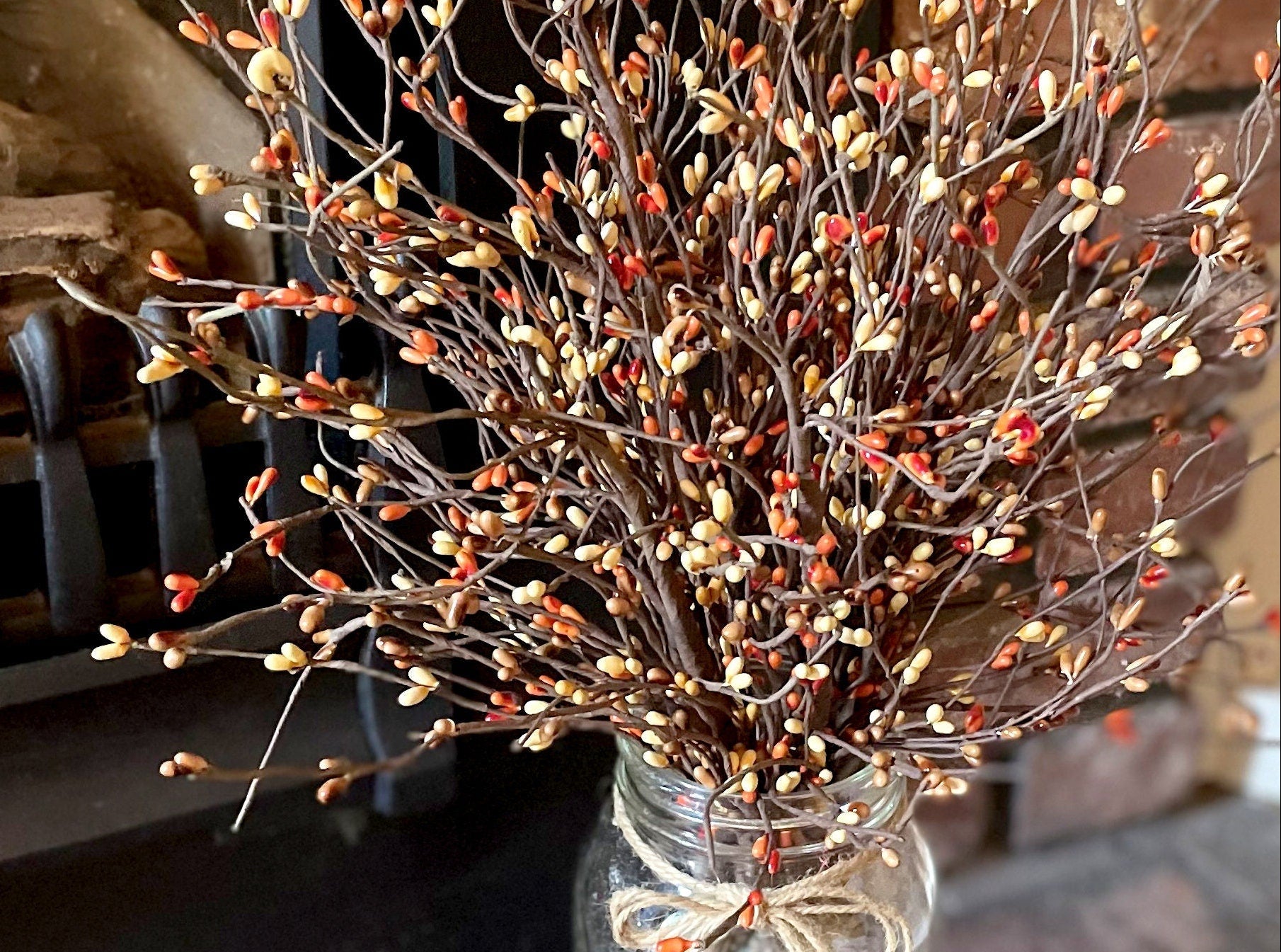 Bouquet of fall berries in a glass jar with a rustic background