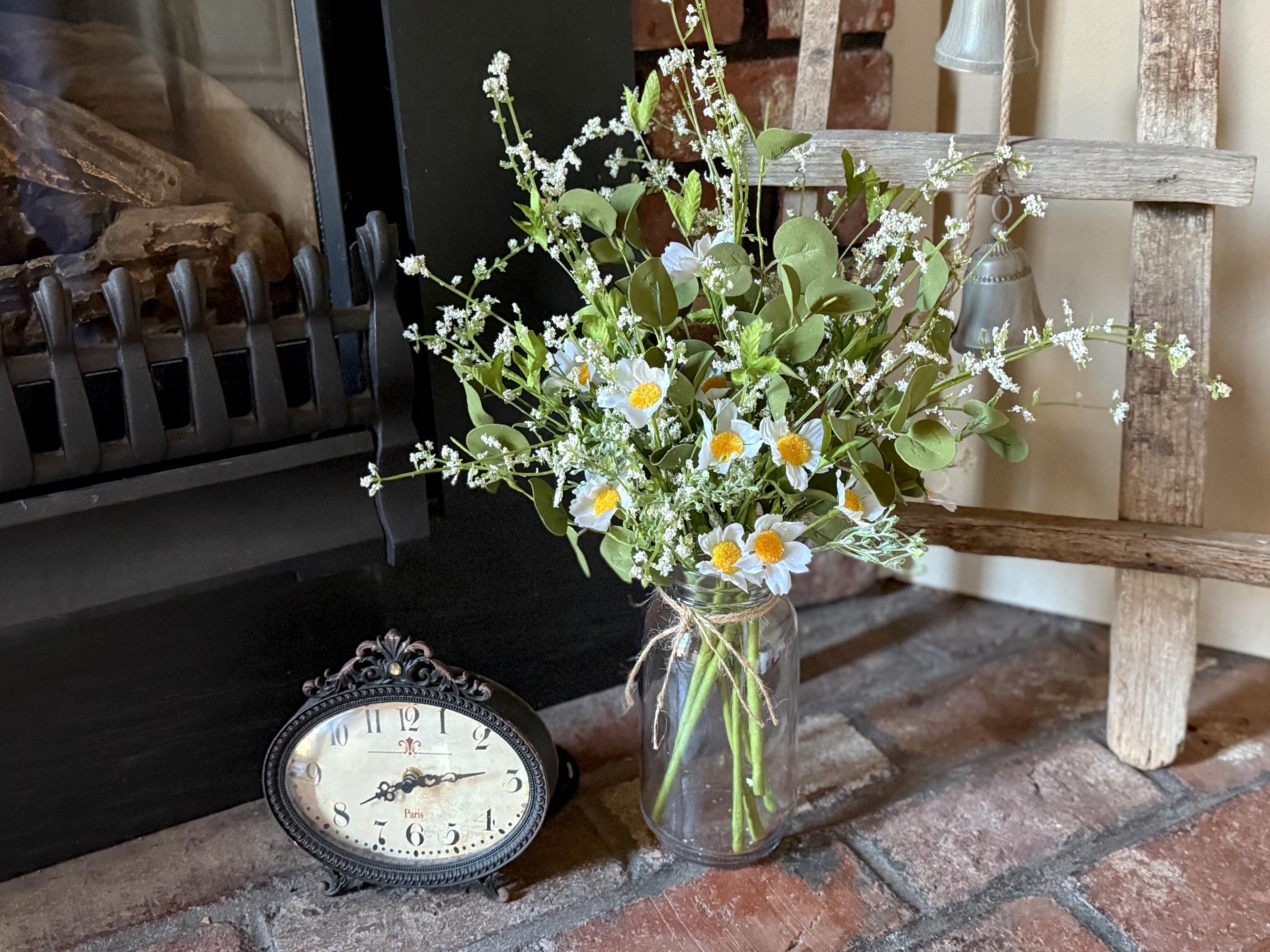 Faux Flowers For Vase Or Jar, Wildflower Bouquet, Flower Arrangement Gift For Mom, Rustic Table Dasiy Centerpiece, Farmhouse Flowers
