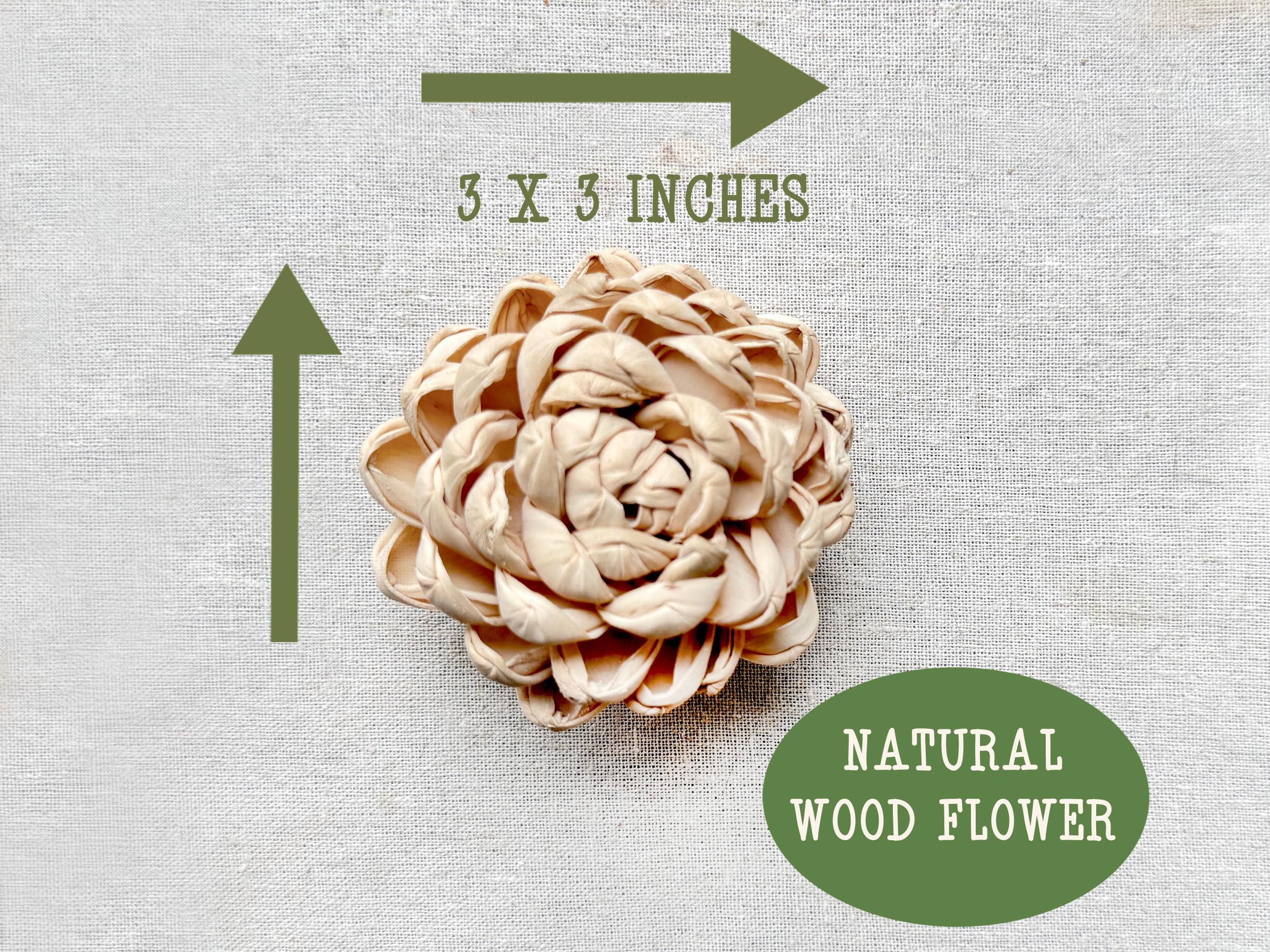 Wooden flower with dimensions and description on a textured background