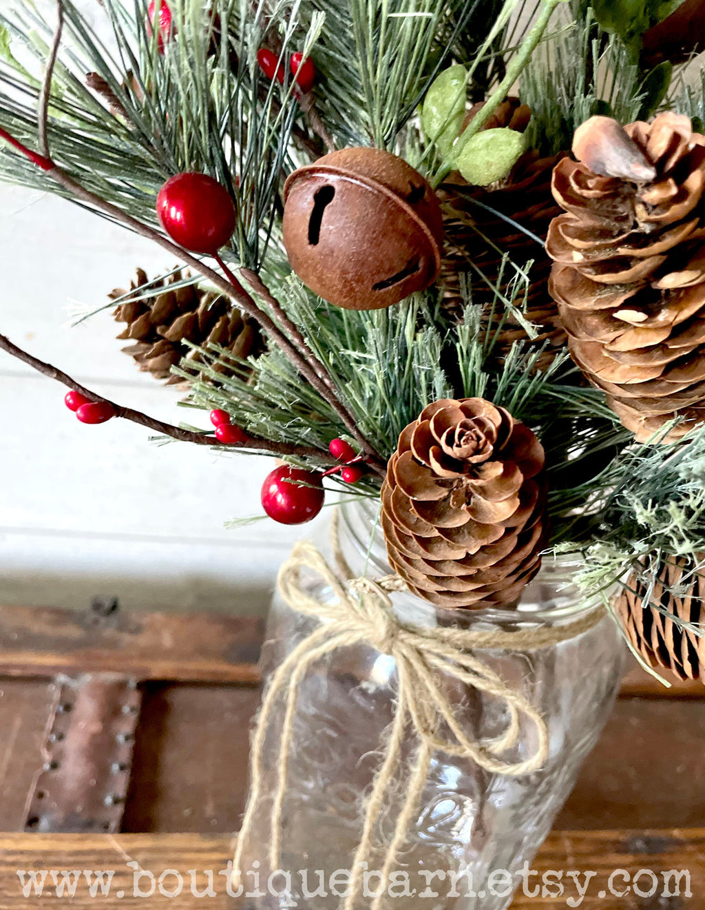 Pine, Berry & Jingle Bell Christmas Spray – Rustic Holiday Greenery