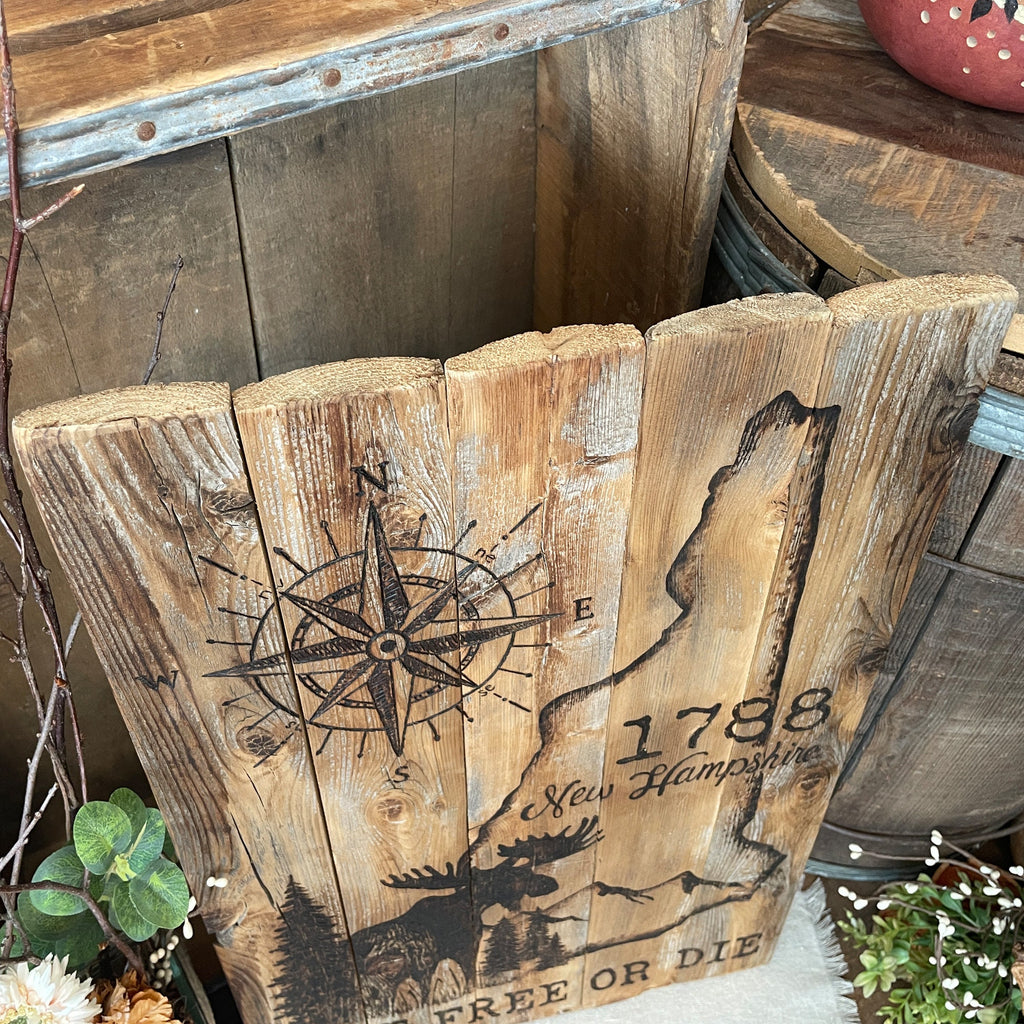 New Hampshire Wall Art – Handmade Rustic Wood State Map with Moose