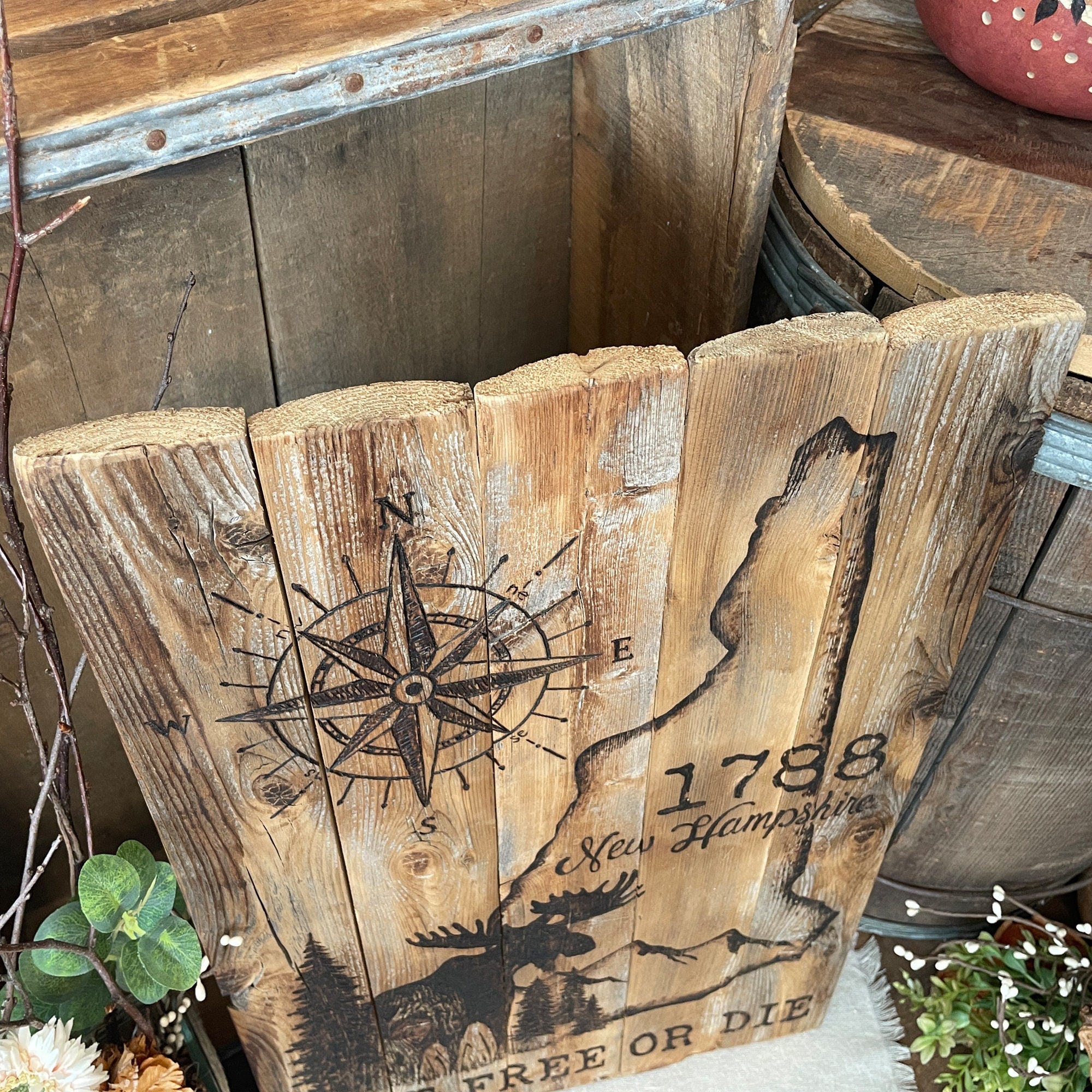 New Hampshire Wall Art – Handmade Rustic Wood State Map with Moose