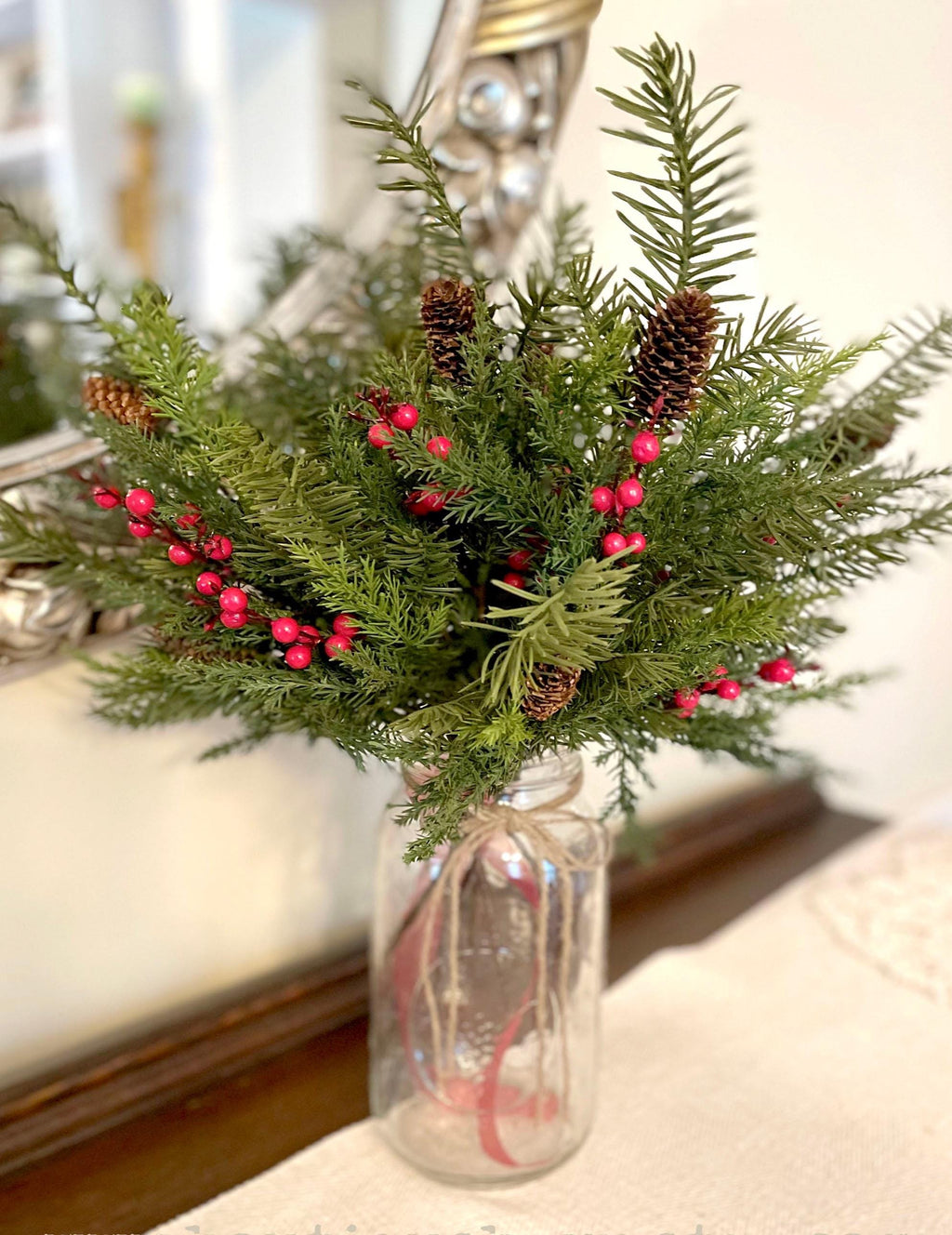 Faux winter greenery stems for mason jar holiday centerpiece