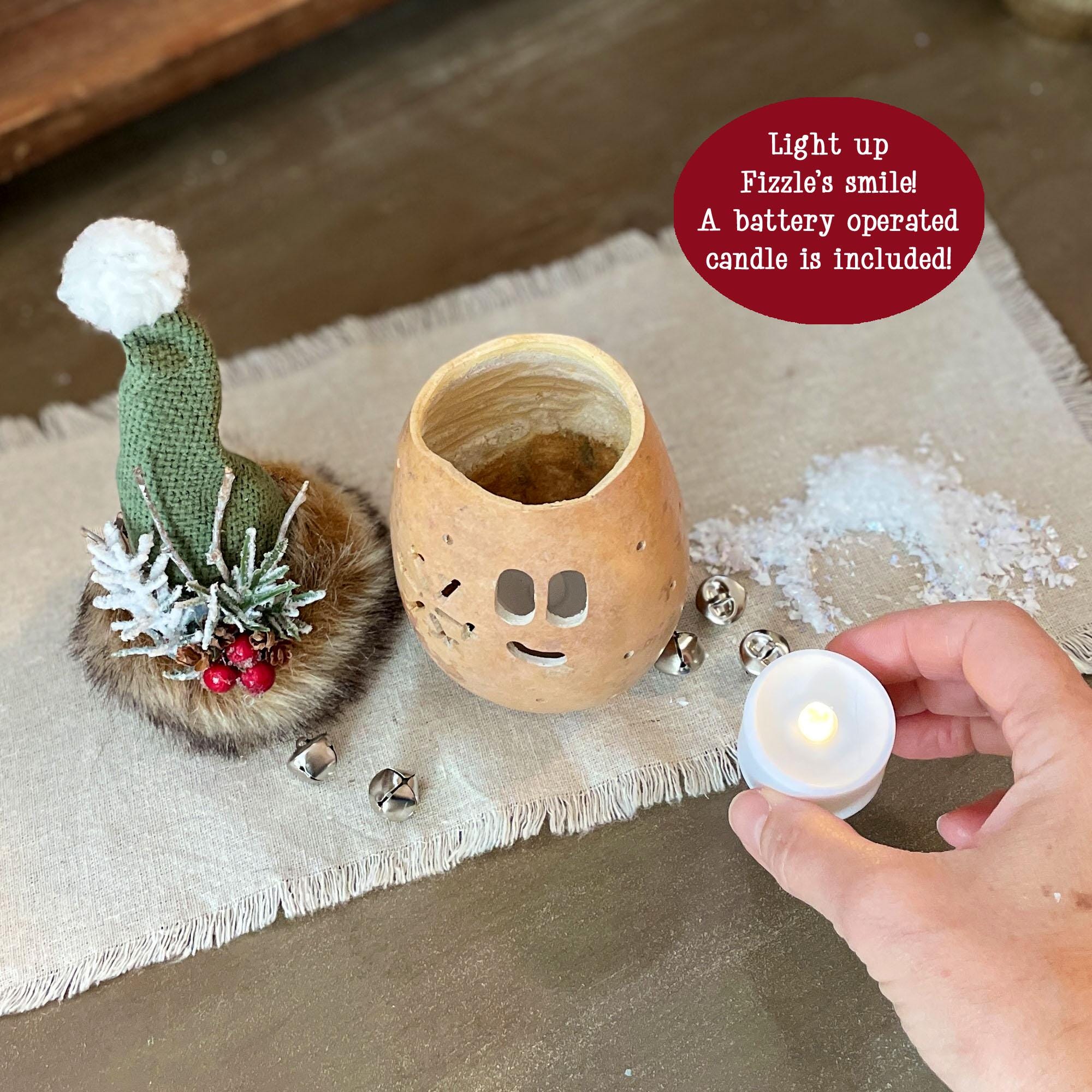 Fizzle the Christmas Elf – Handcrafted Natural Gourd Elf with Battery Candle