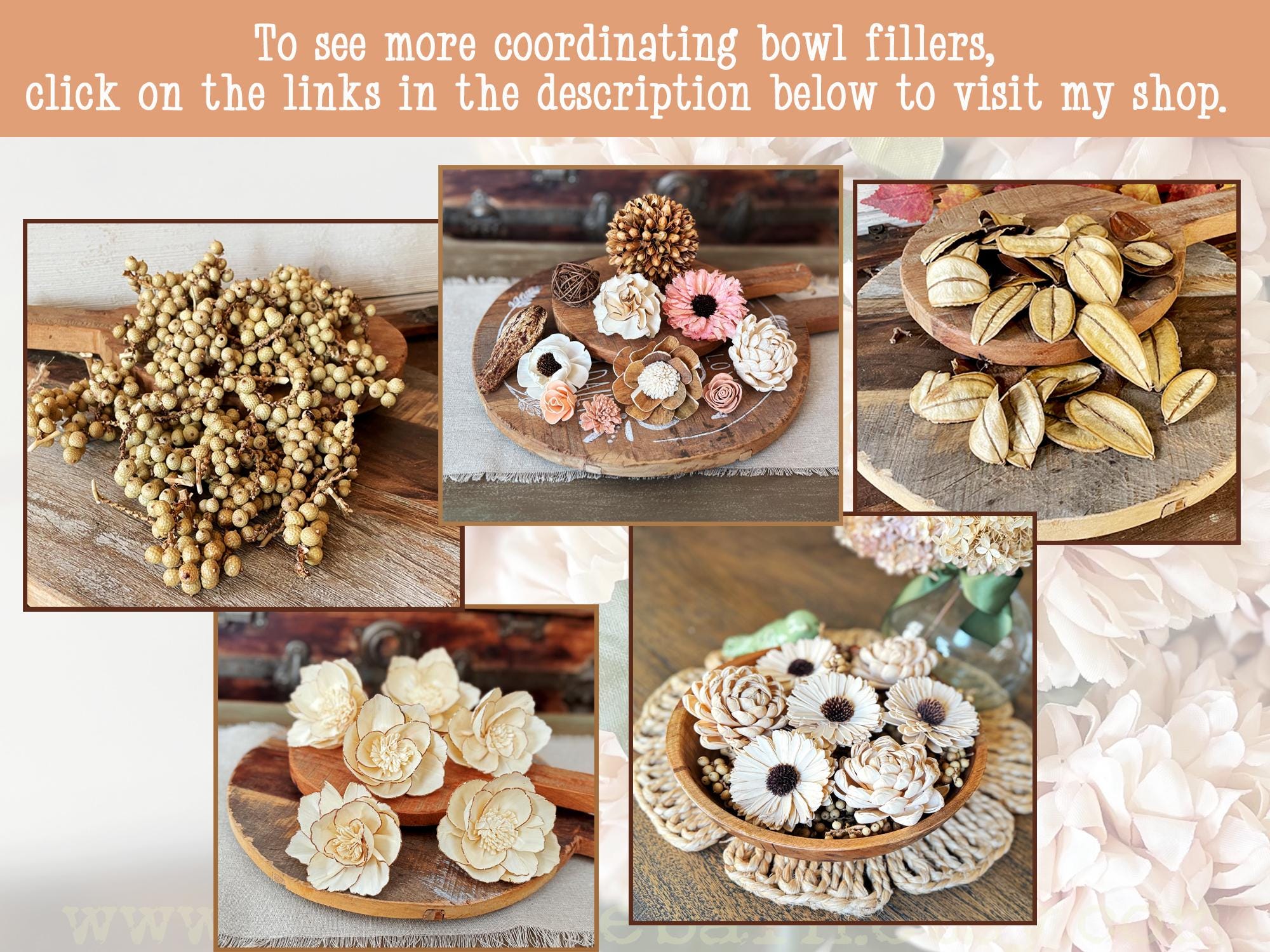 Collage of decorative items on wooden surfaces with text overlay.