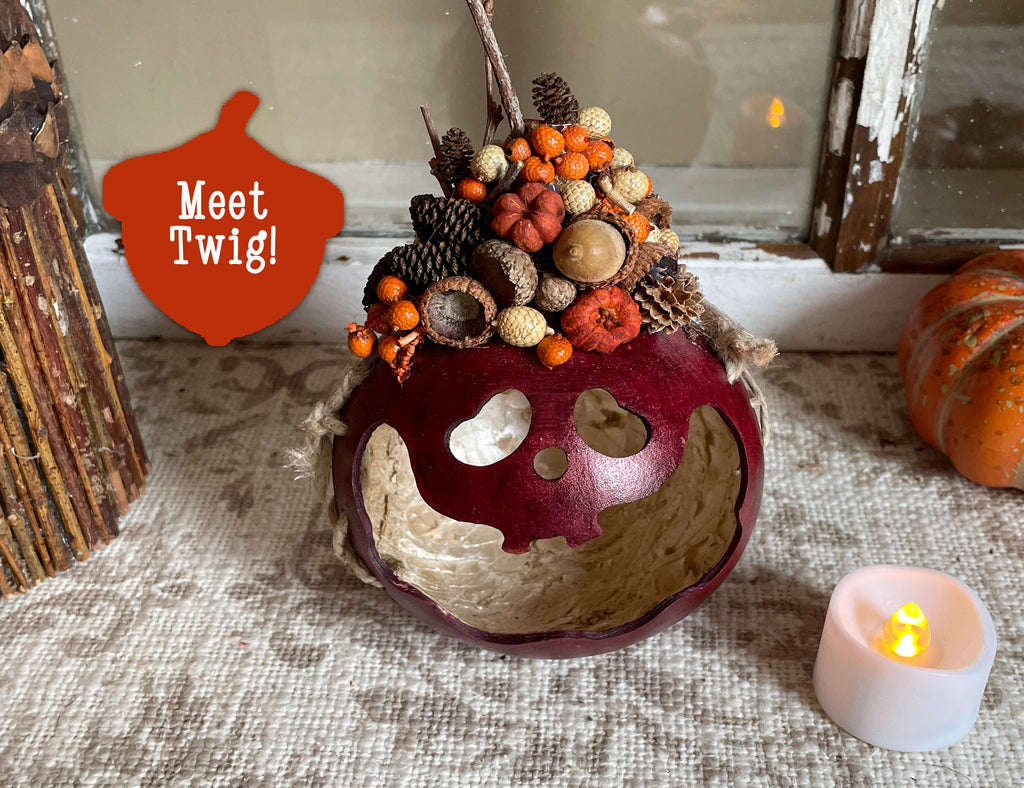 Decorative pumpkin with natural elements on a textured surface with a candle.