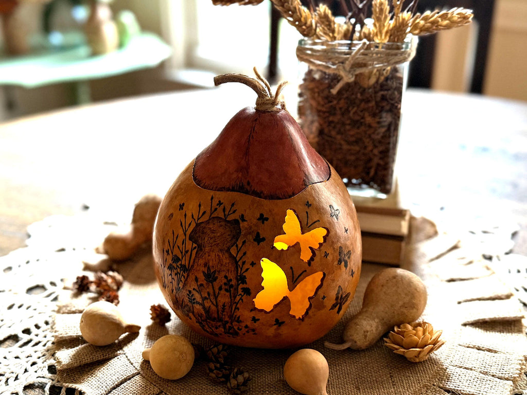 Personalized Dog Gift – Handcrafted Gourd Light Table Centerpiece with Butterfly Artwork