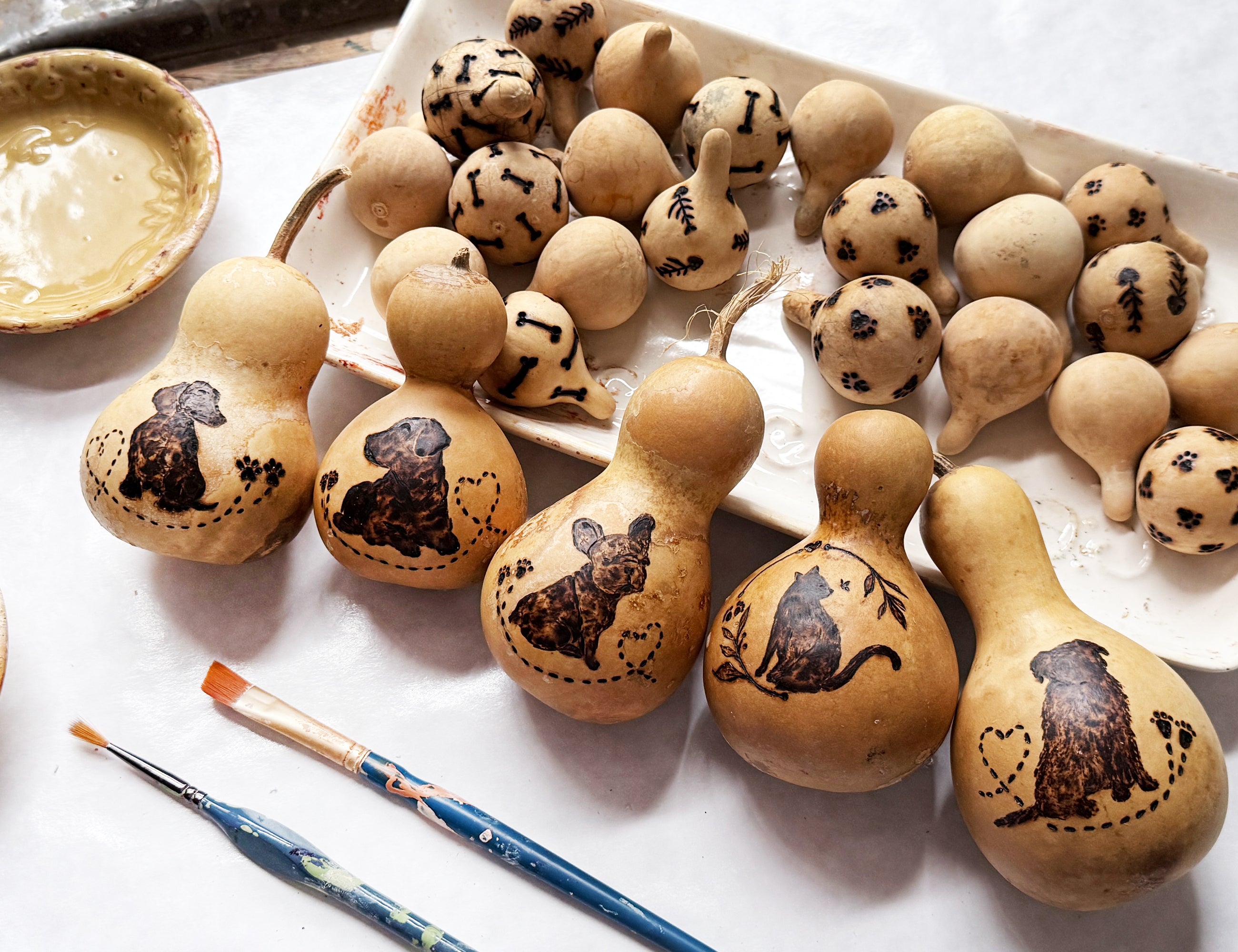 Decorative pet themed gourds with painted designs on a white surface with paintbrushes.