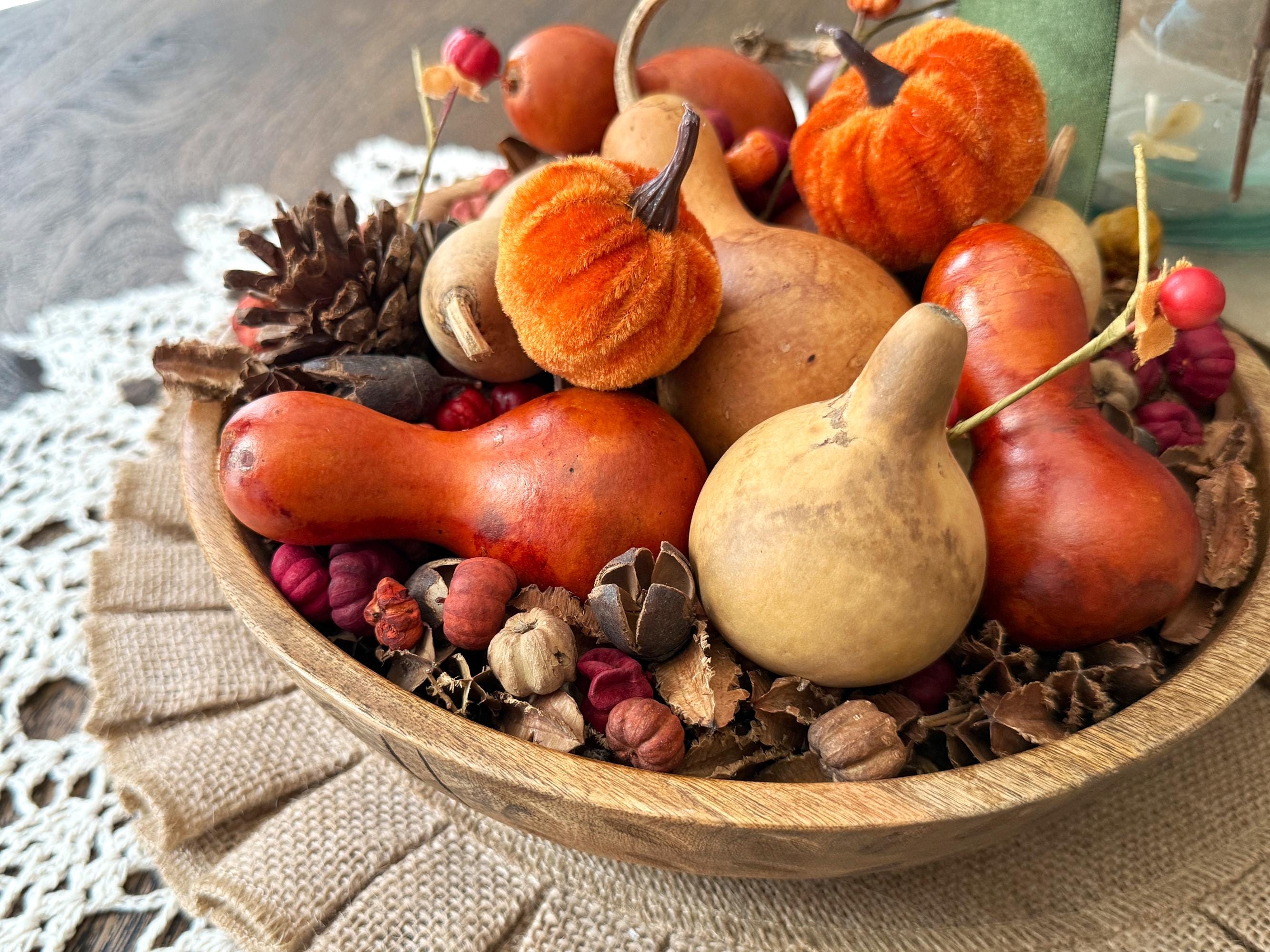 Wooden bowl filled with gourds, pumpkins, and pinecones on a textured surface