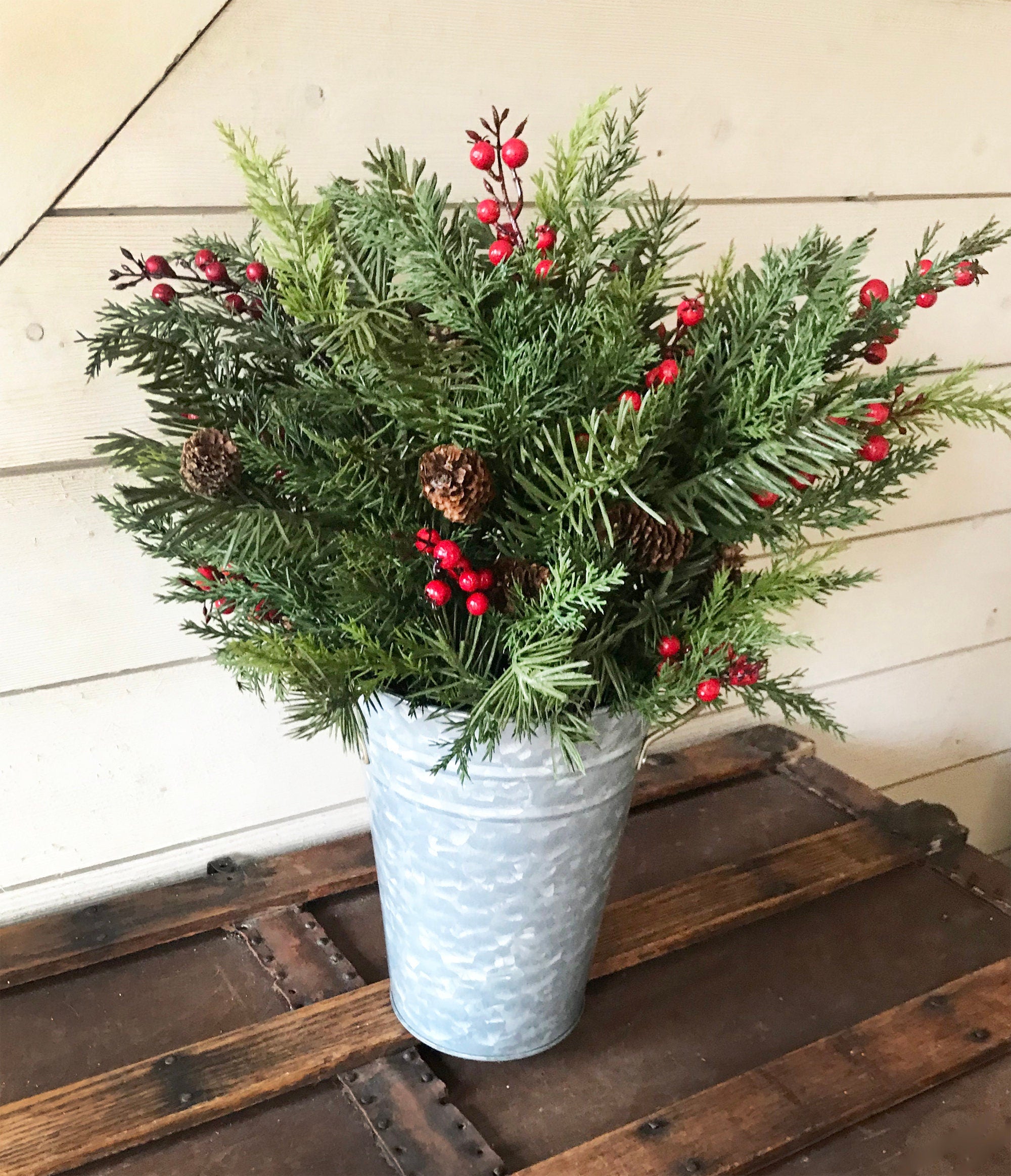 Potted plant with greenery and red berries on a wooden surface