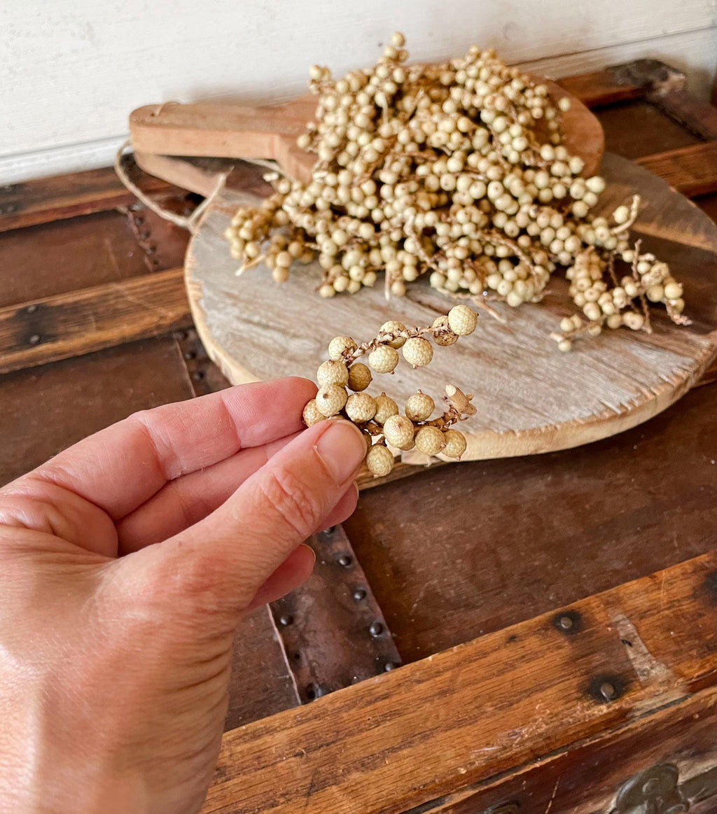 Hand holding a small cluster of dried natural berries on a wooden surface.