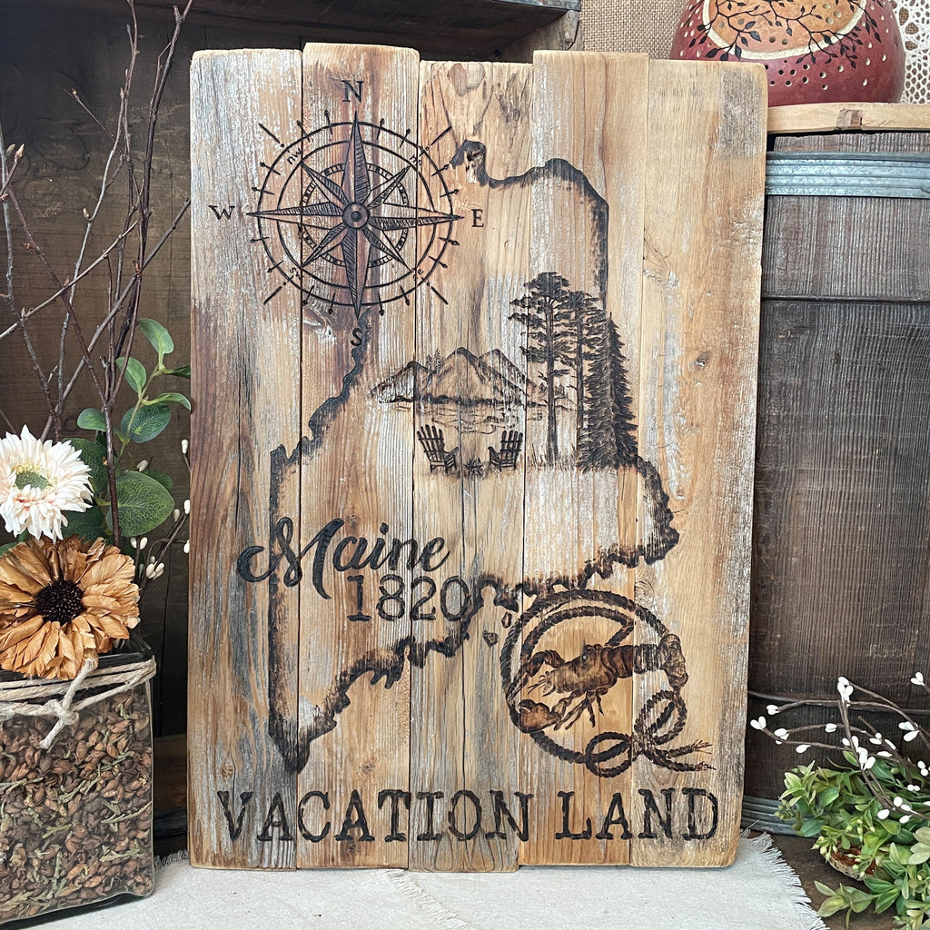 Rustic Maine State Wall Art – Reclaimed Wood Map Decor